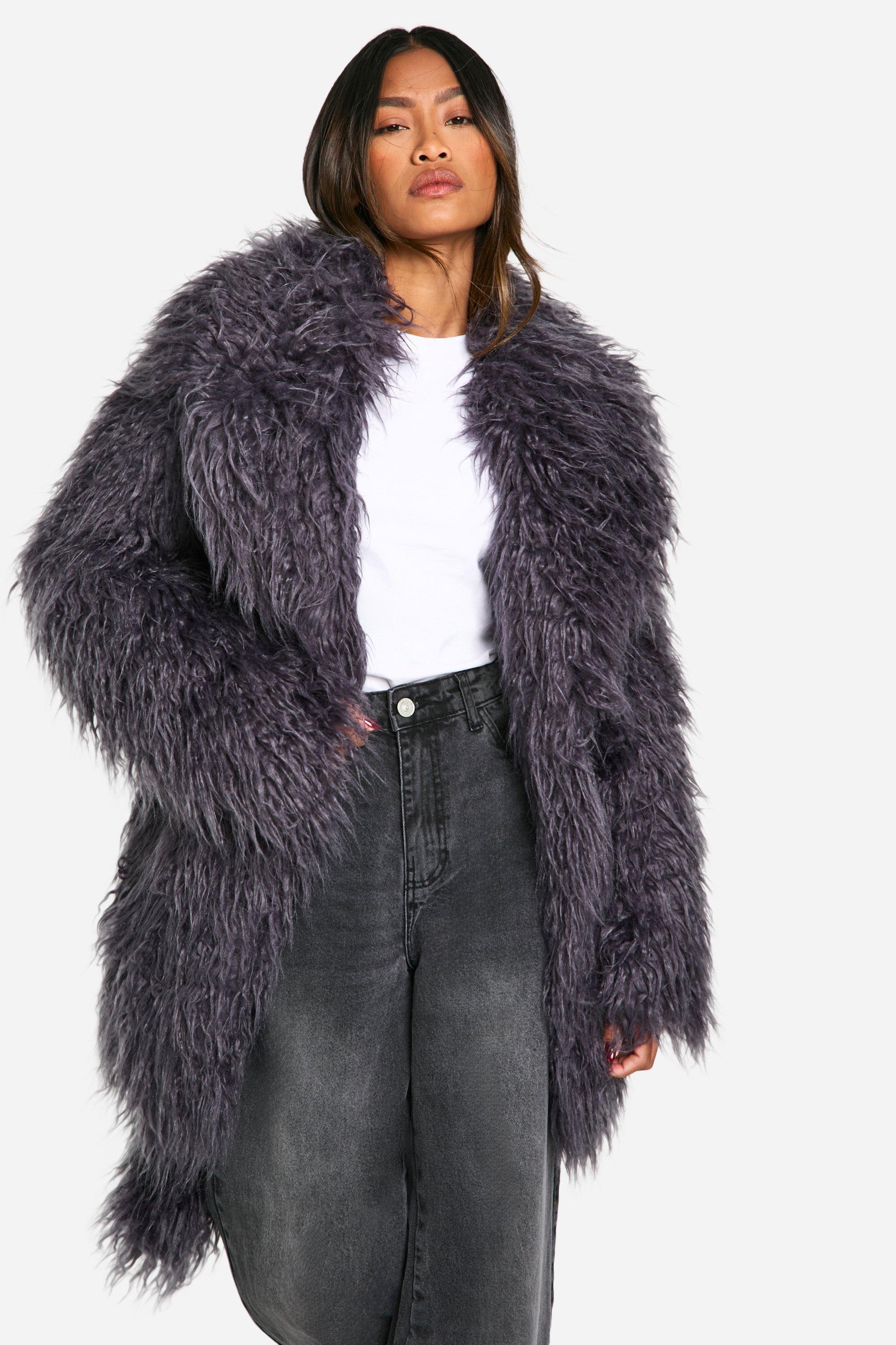 Boohoo Faux Mongolian Fur Jas Met Ceintuur, Charcoal