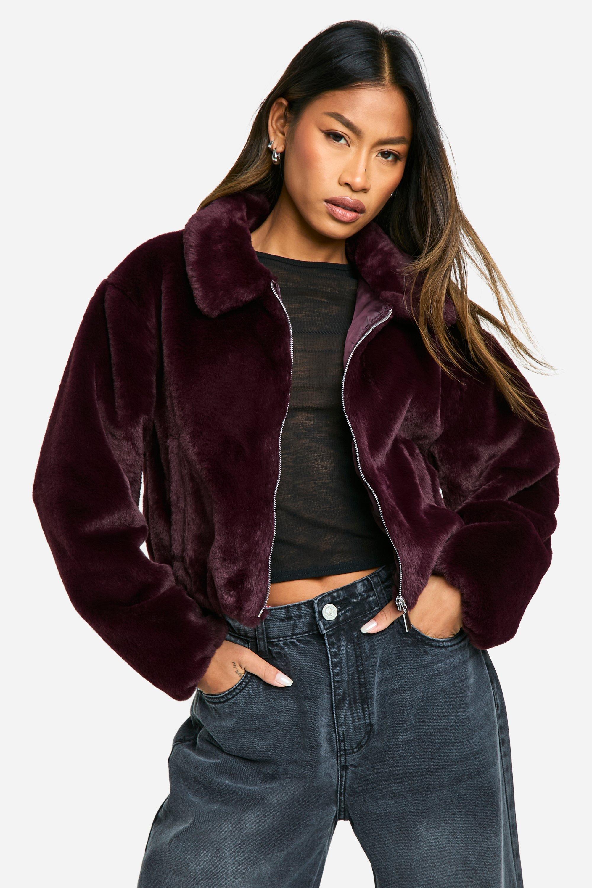 Boohoo Korte Faux Fur Jas, Burgundy