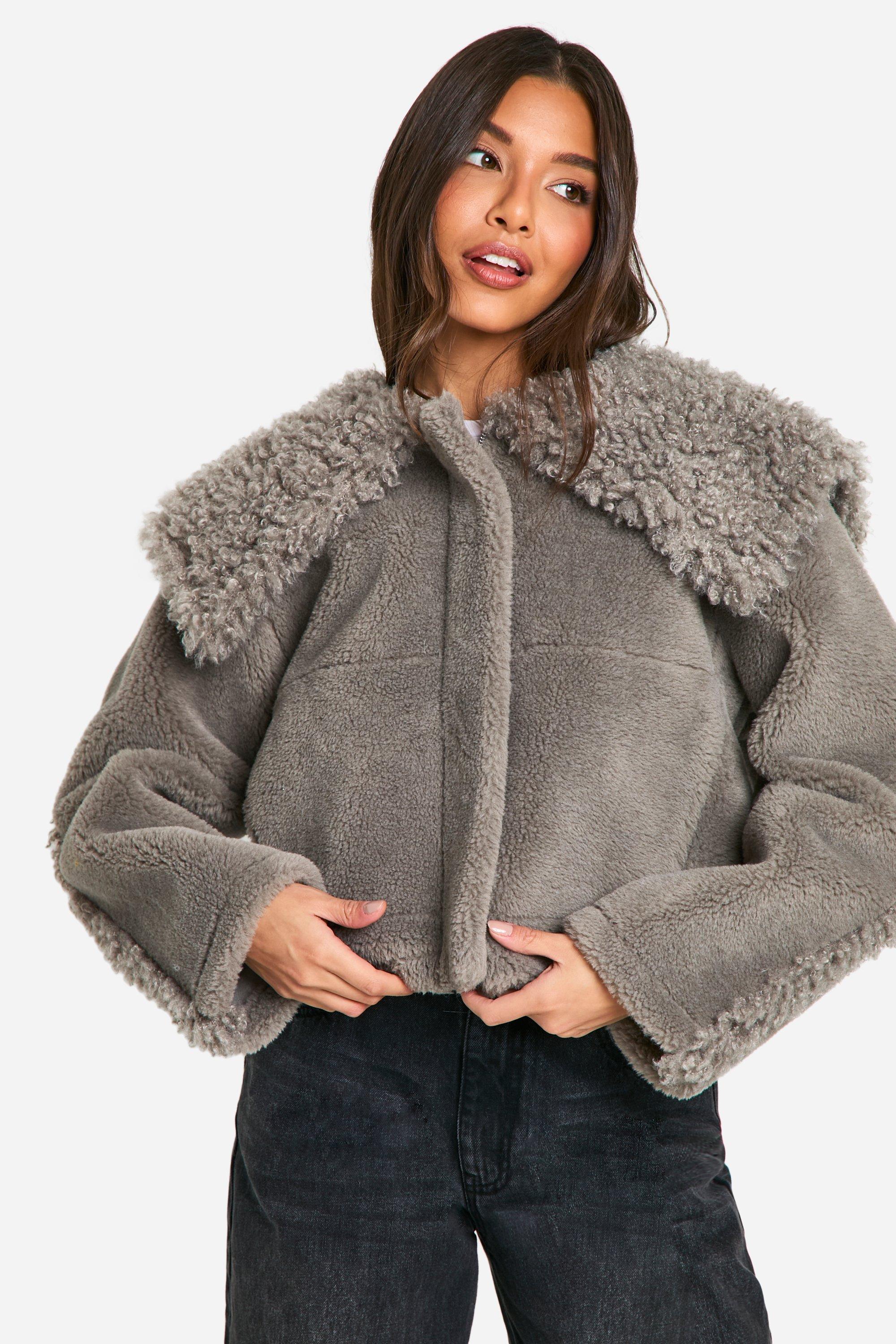 Boohoo Jas Met Faux Fur Kraag Detail, Grey