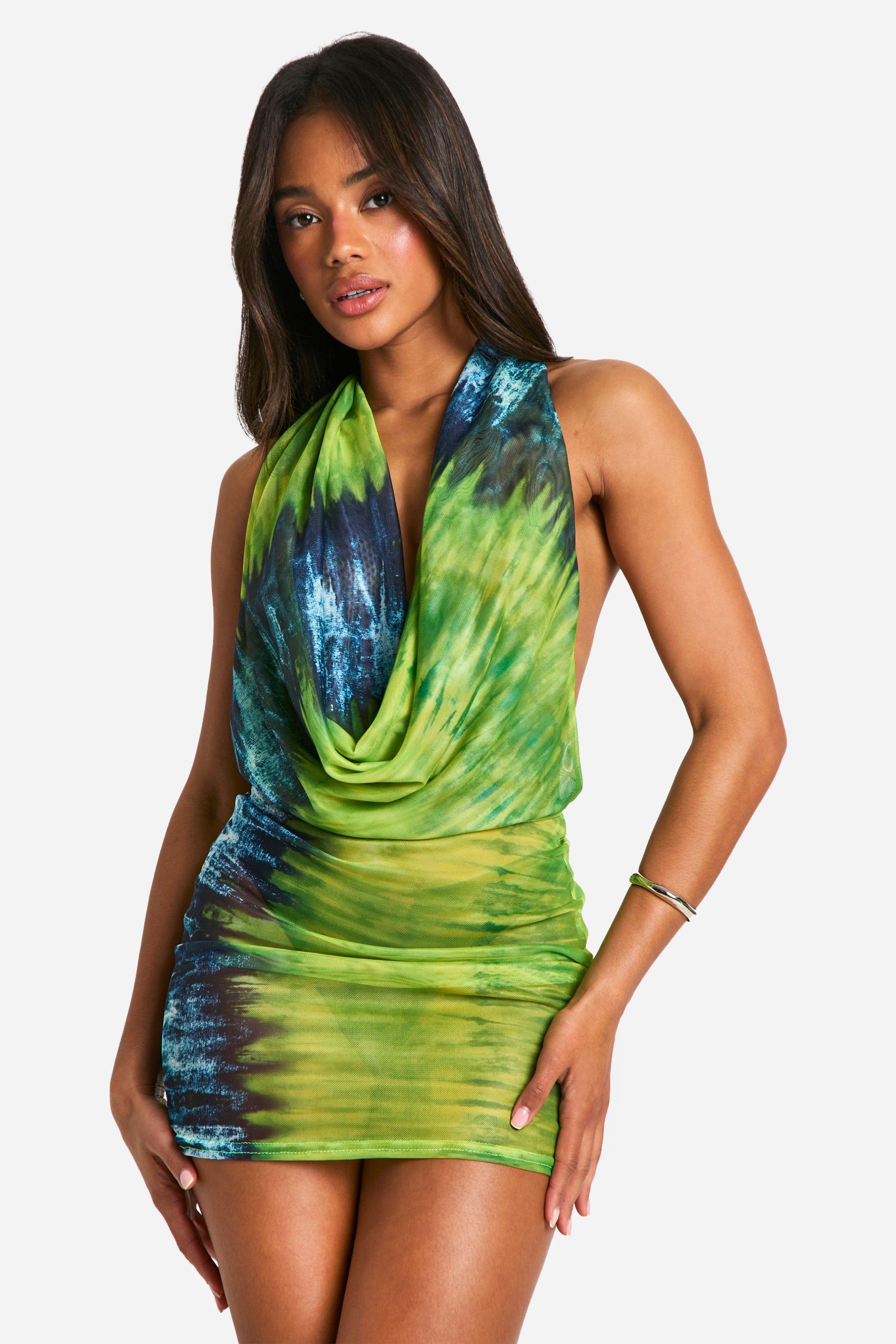 Image of Cowl Neck Tie Dye Mesh Mini Dress, Verde
