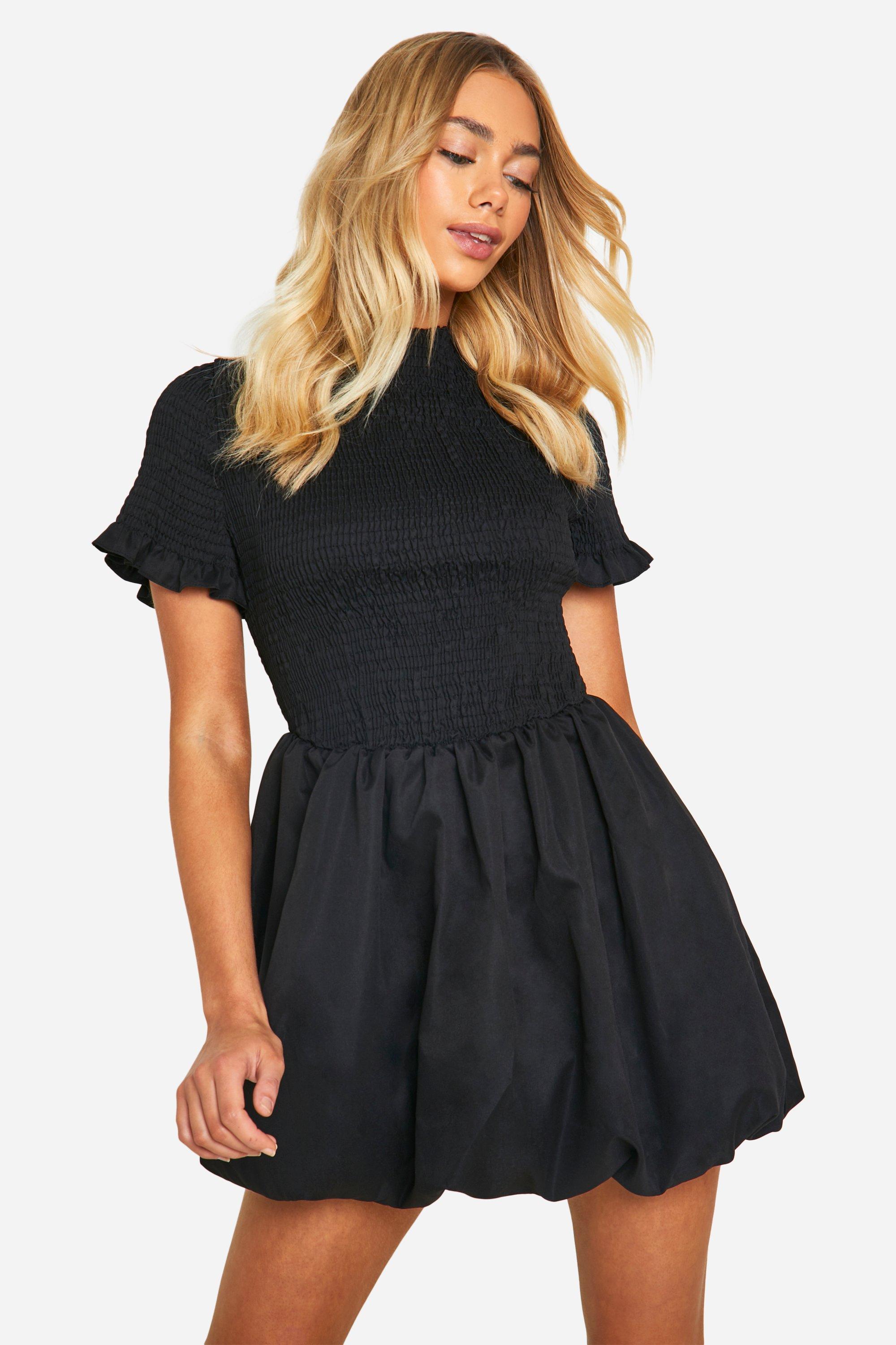 Robe Courte Froncée À Manches Bouffantes - Noir - 46, Noir