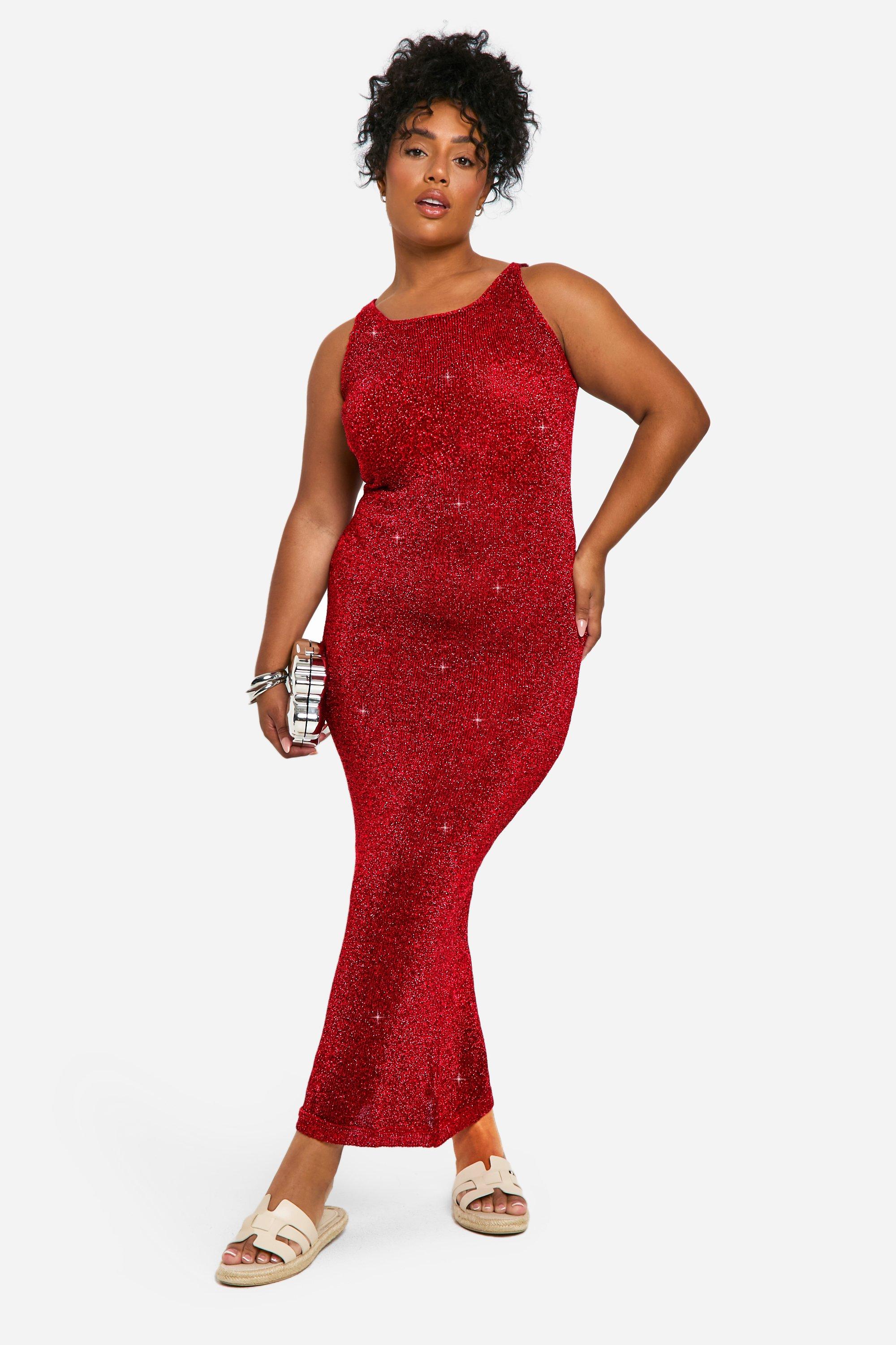 Grande Taille - Robe Longue Pailletée - Rouge - 54, Rouge