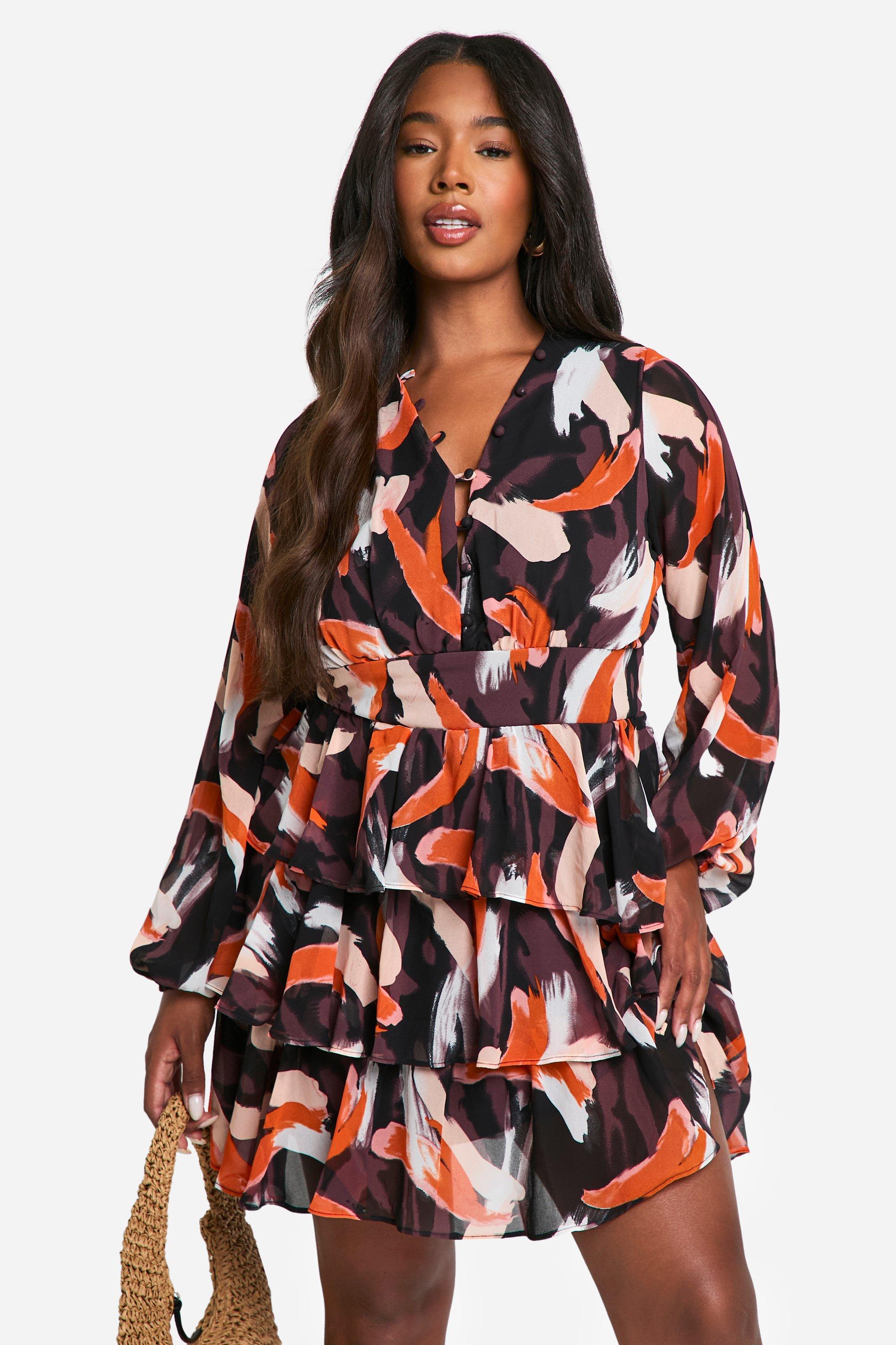 Grande Taille - Robe Patineuse Imprimée À Volants - Orange - 48, Orange