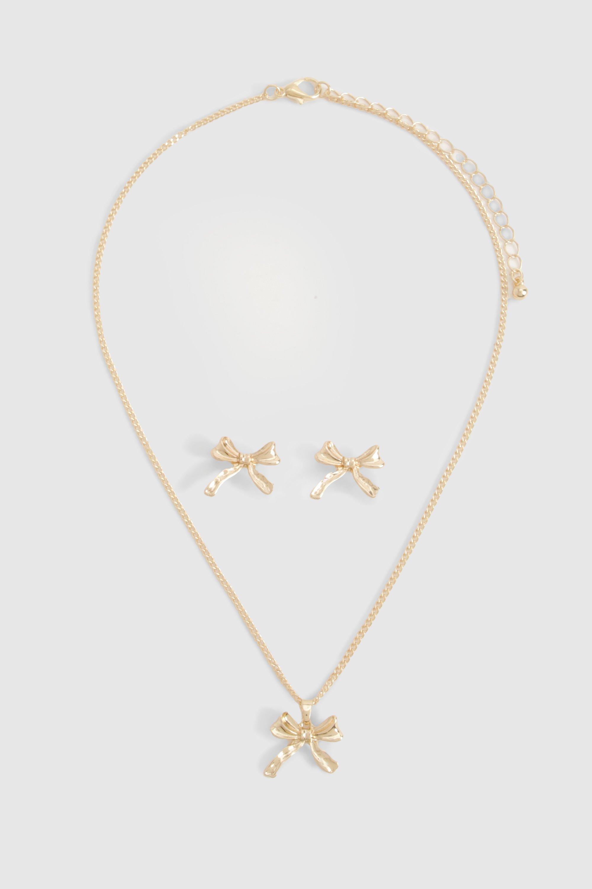 Womens Mini Bow Detail Necklace & Earring Set - Gold - One Size, Gold