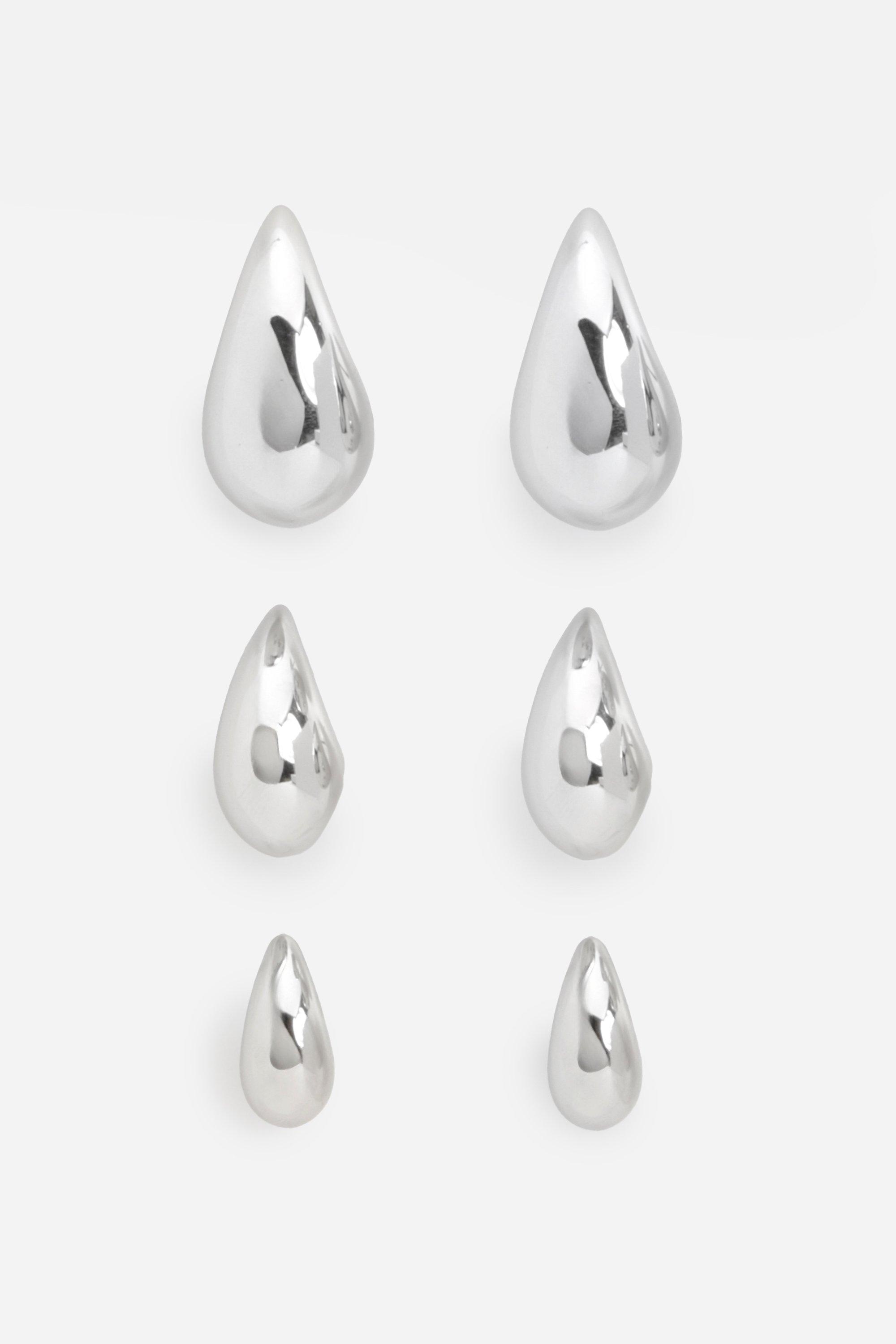 Womens Silver Tear Drop Earrings 3 Pack - Grey - One Size, Grey