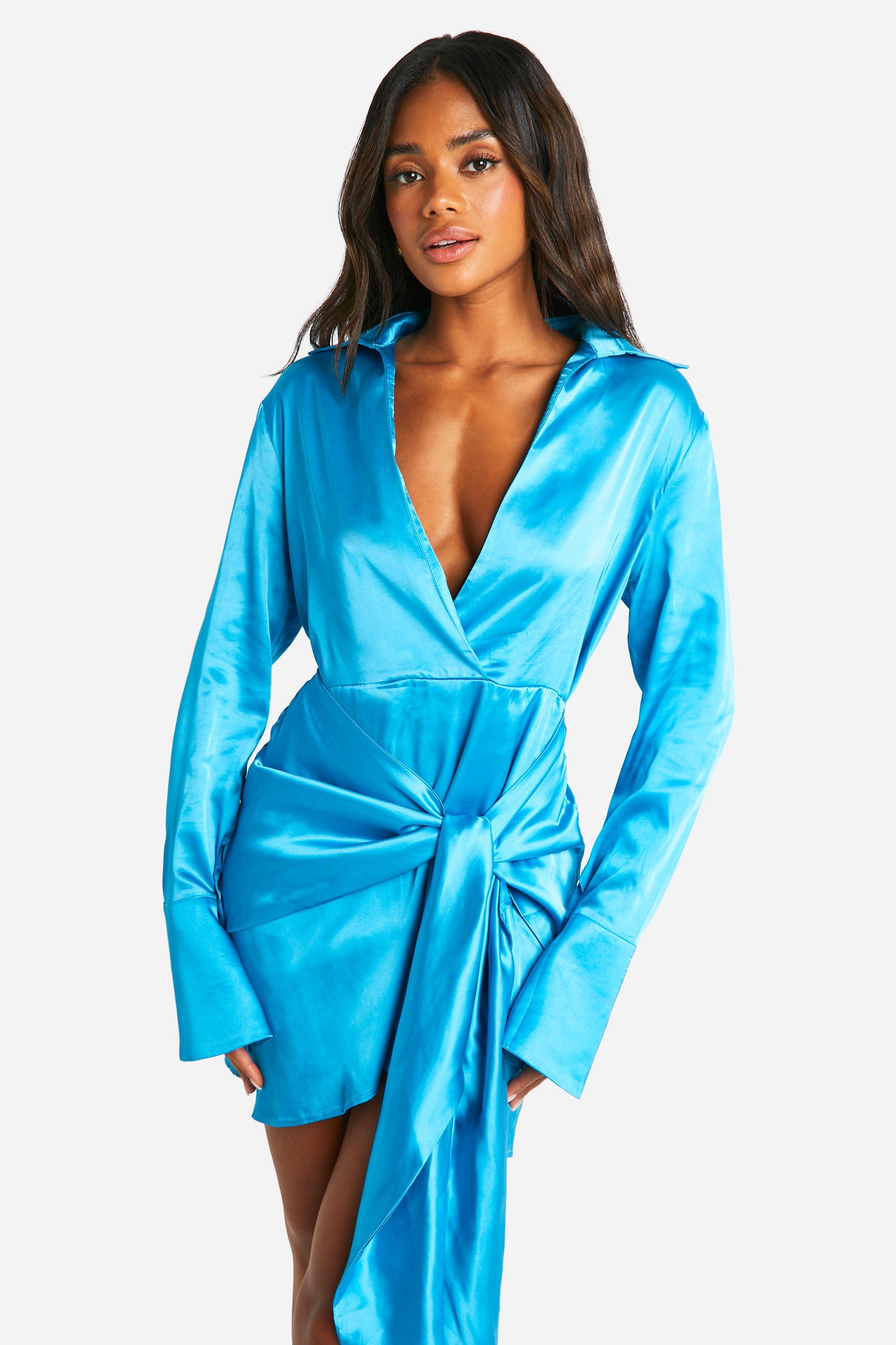 Boohoo Satin Wrap Skirt Shirt Dress, Turquoise