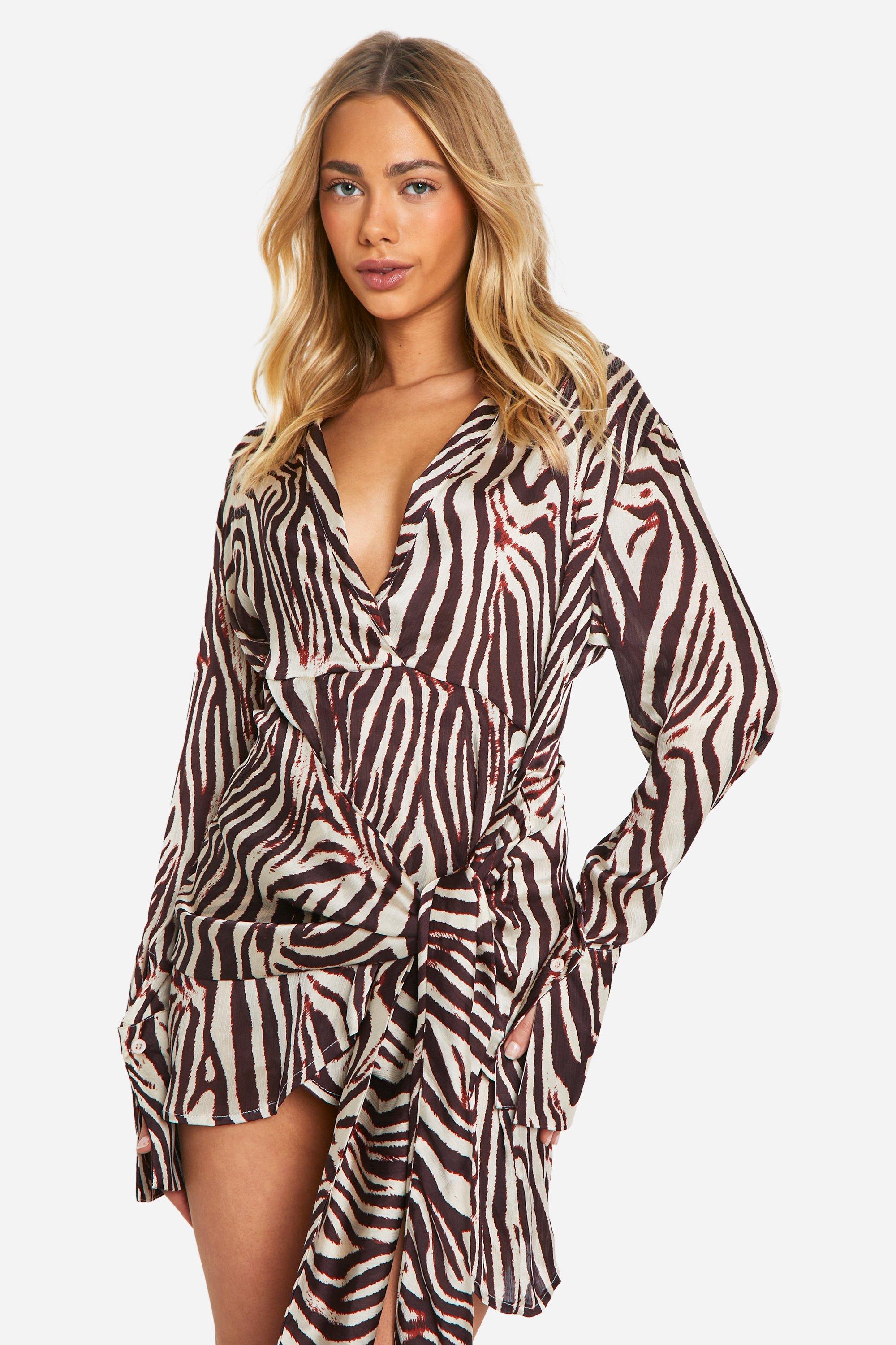 Boohoo Zebra Satin Wrap Skirt Shirt Dress, Brown