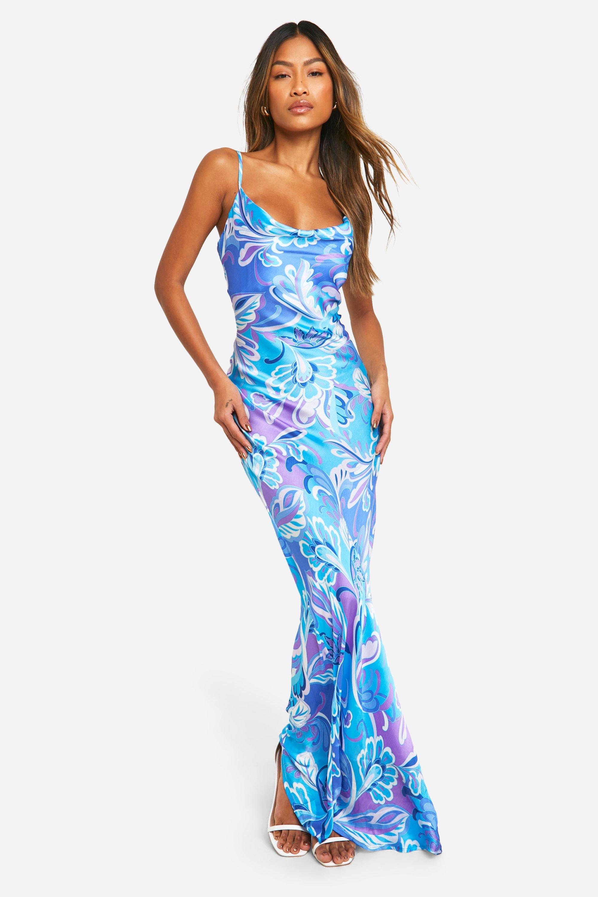 Robe Longue À Col Bénitier Et Imprimé Cachemire - Bleu - 46, Bleu