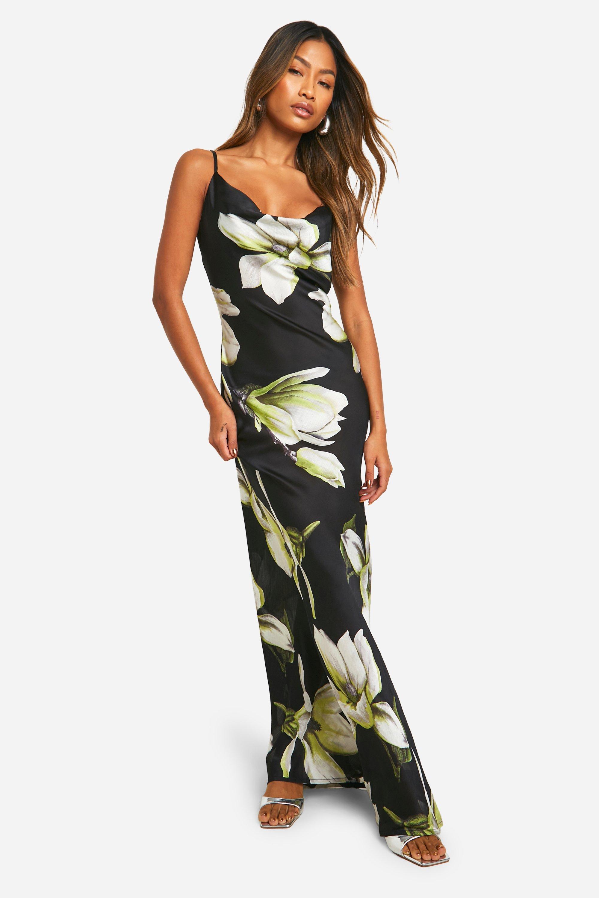 Robe Longue À Col Bénitier Et Imprimé Fleuri - Noir - 44, Noir