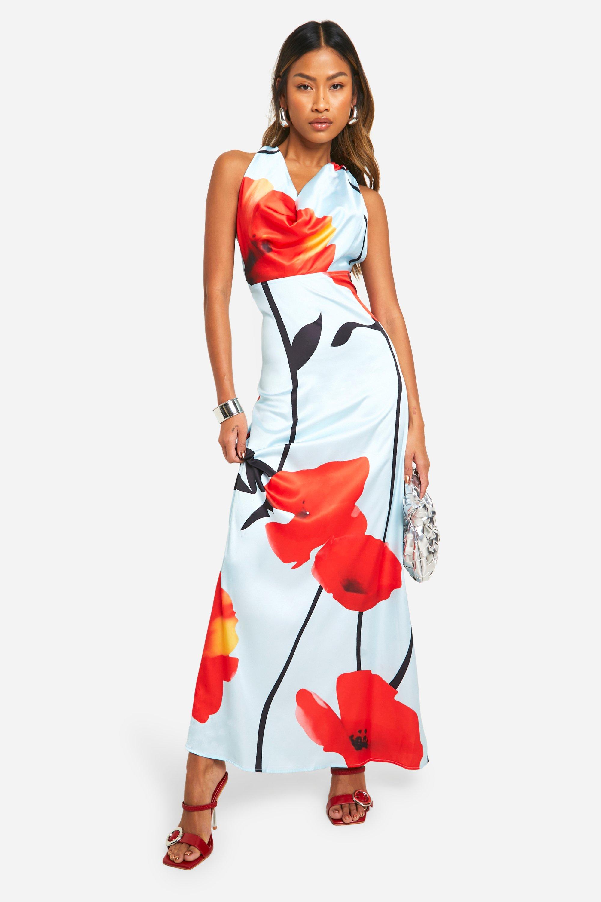 Robe Longue Fleurie À Col Bénitier - Bleu - 46, Bleu