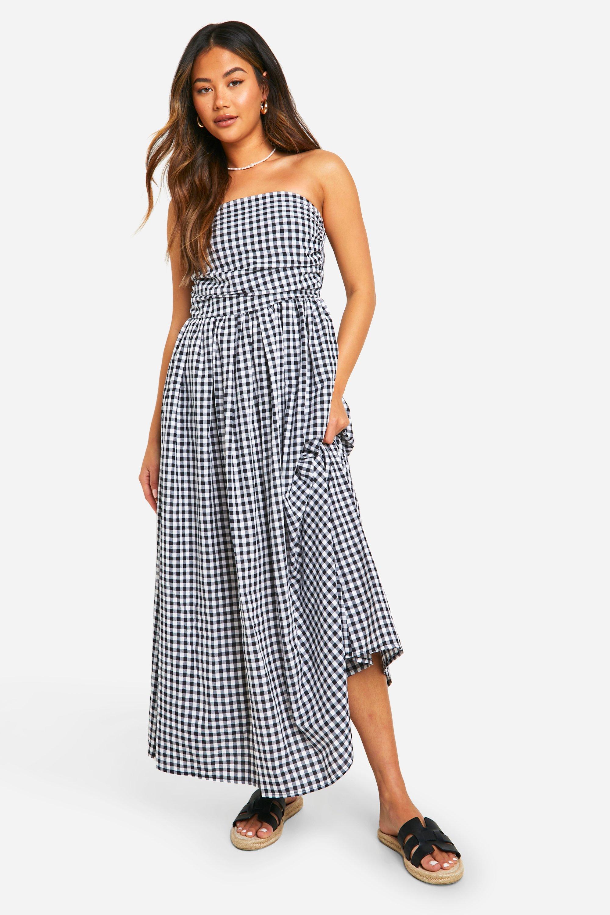 Womens Gingham Ruched Bandeau Midaxi Dress - Black - 10, Black