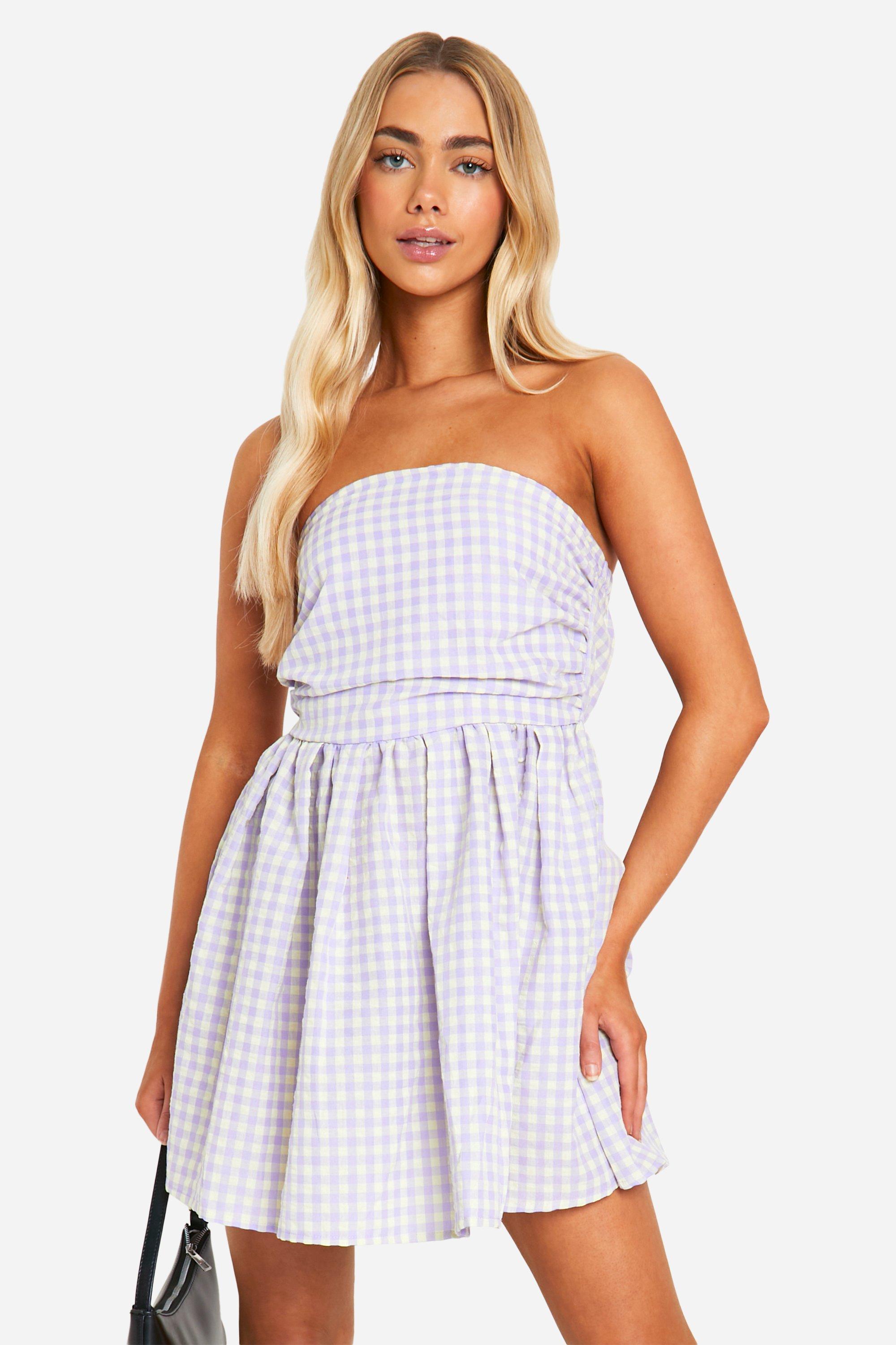 Robe Courte Froncée À Imprimé Vichy - Lilas - 36, Lilas