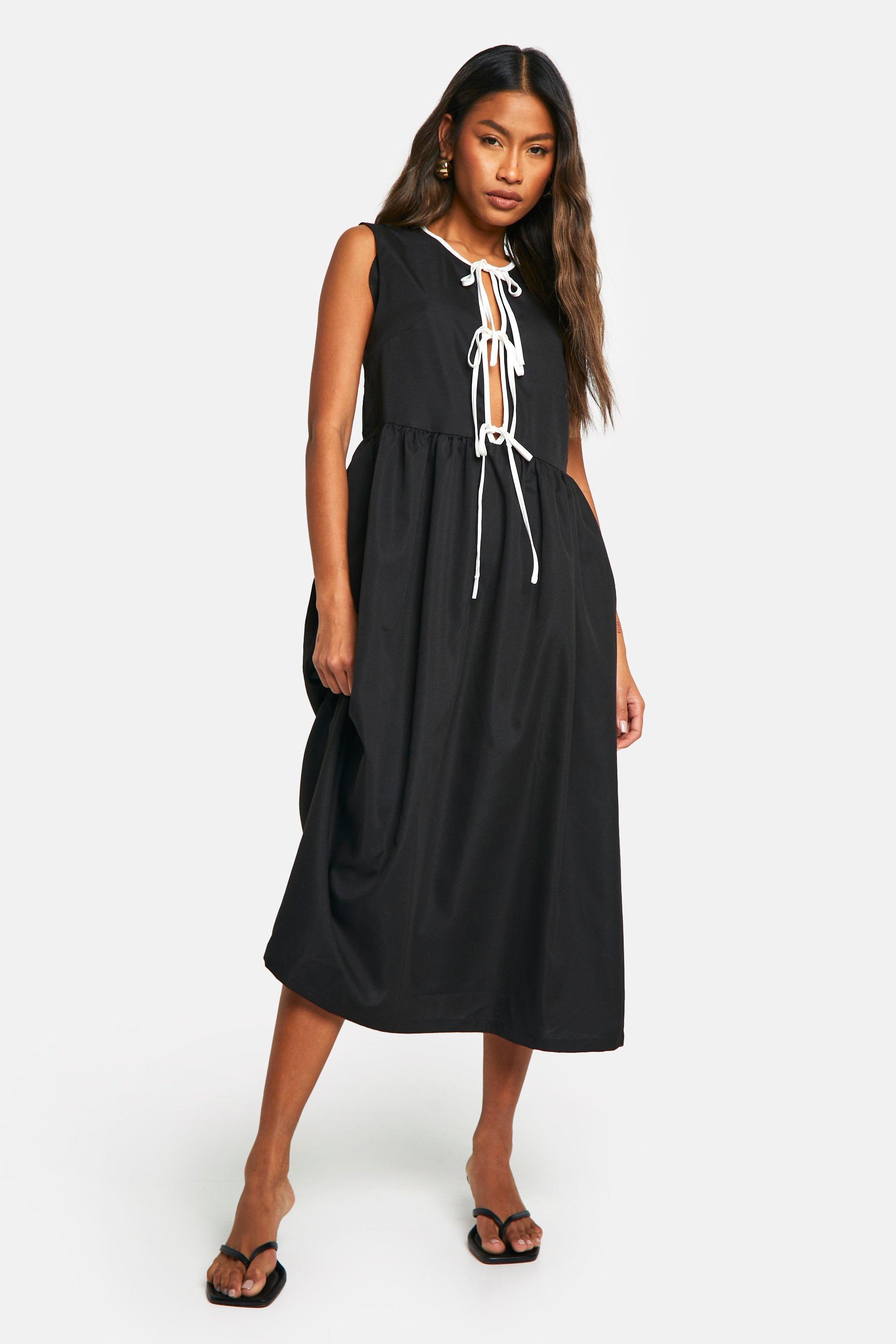 womens contrast tie front woven midi dress - black - 10, black