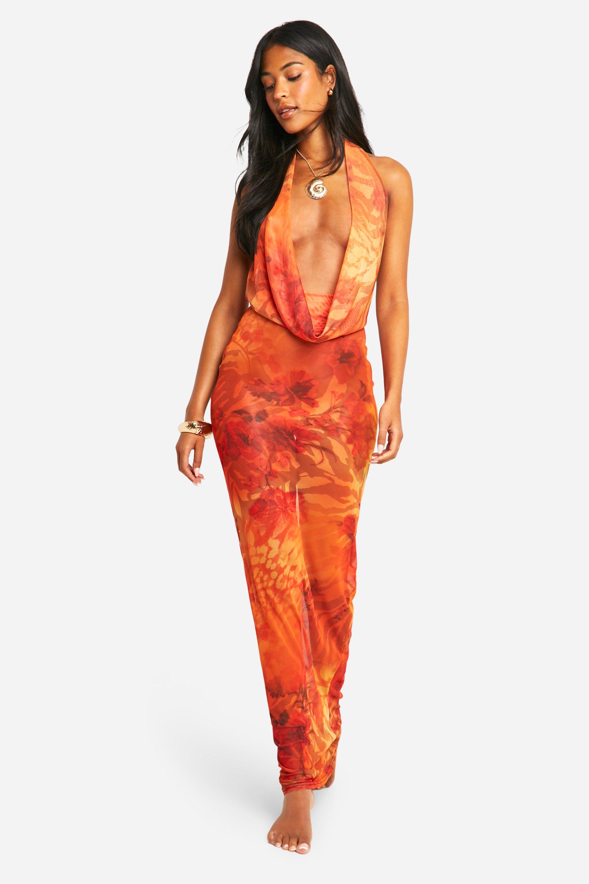 Boohoo Tall Abstracte Mesh Maxi Strand Jurk Met Waterval Hals, Orange