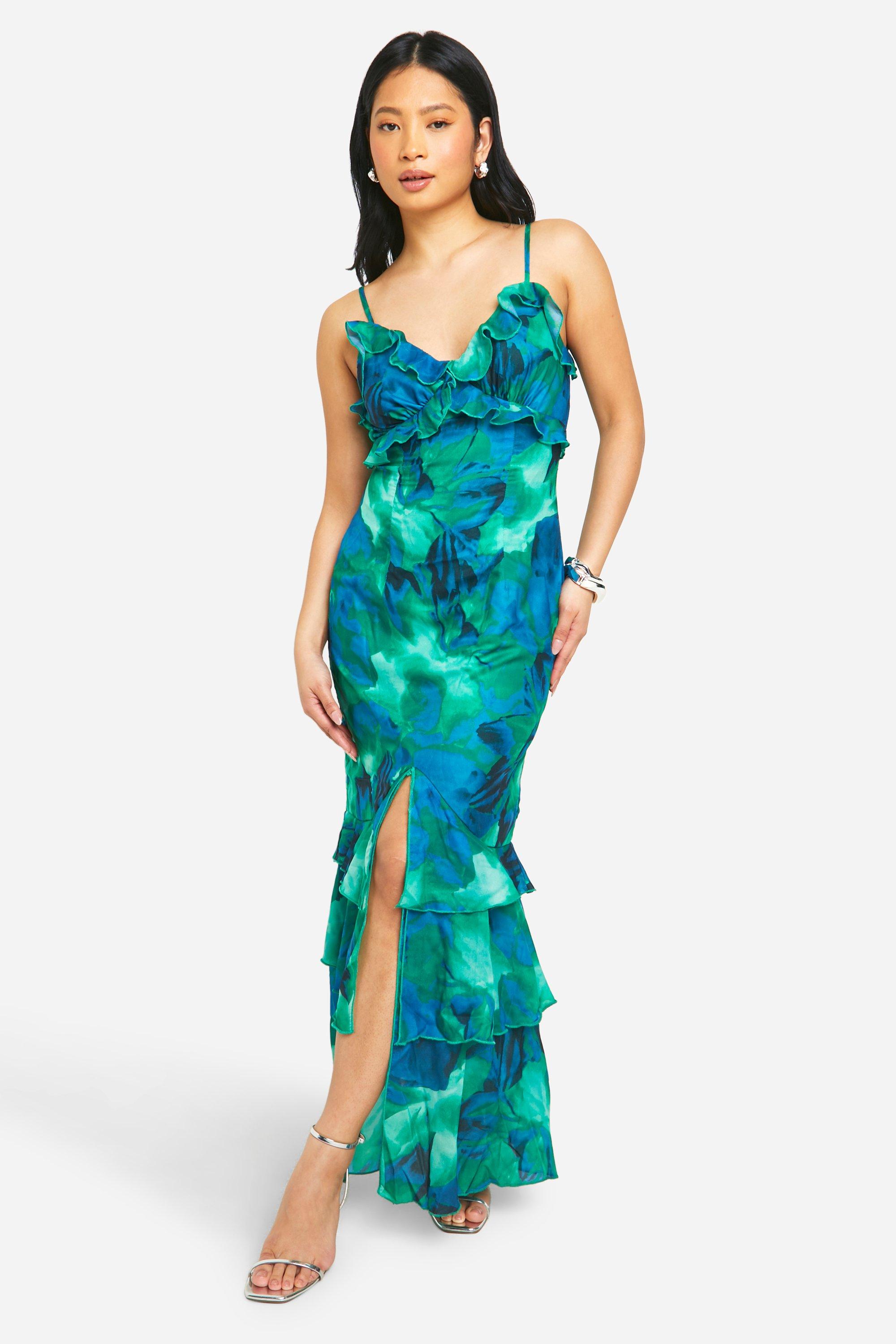 Image of Petite Abstract Floral Ruffle Maxi Dress, Verde
