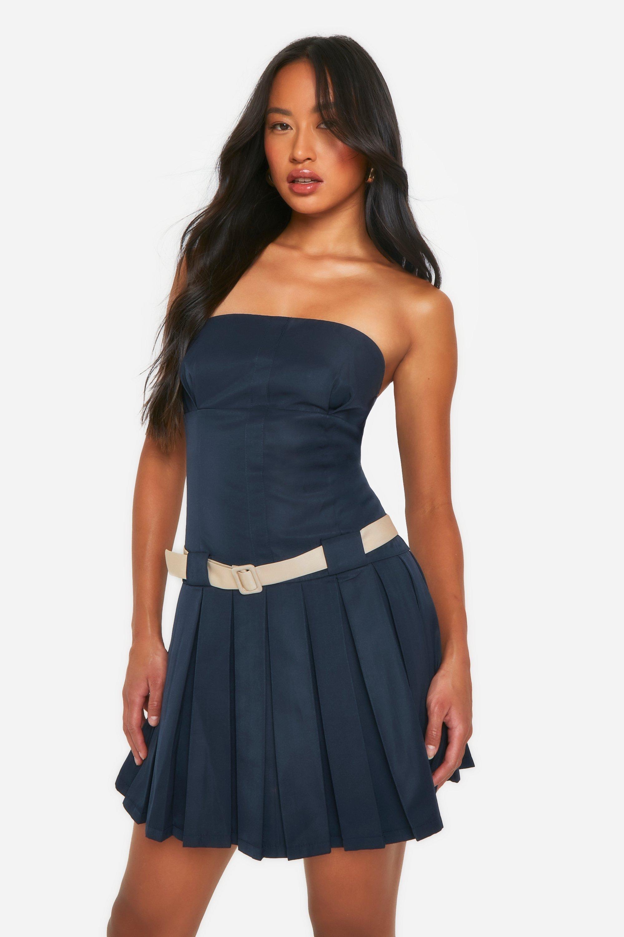 Womens Contrast Belt Bandeau Pleated Mini Dress - Navy - 14, Navy