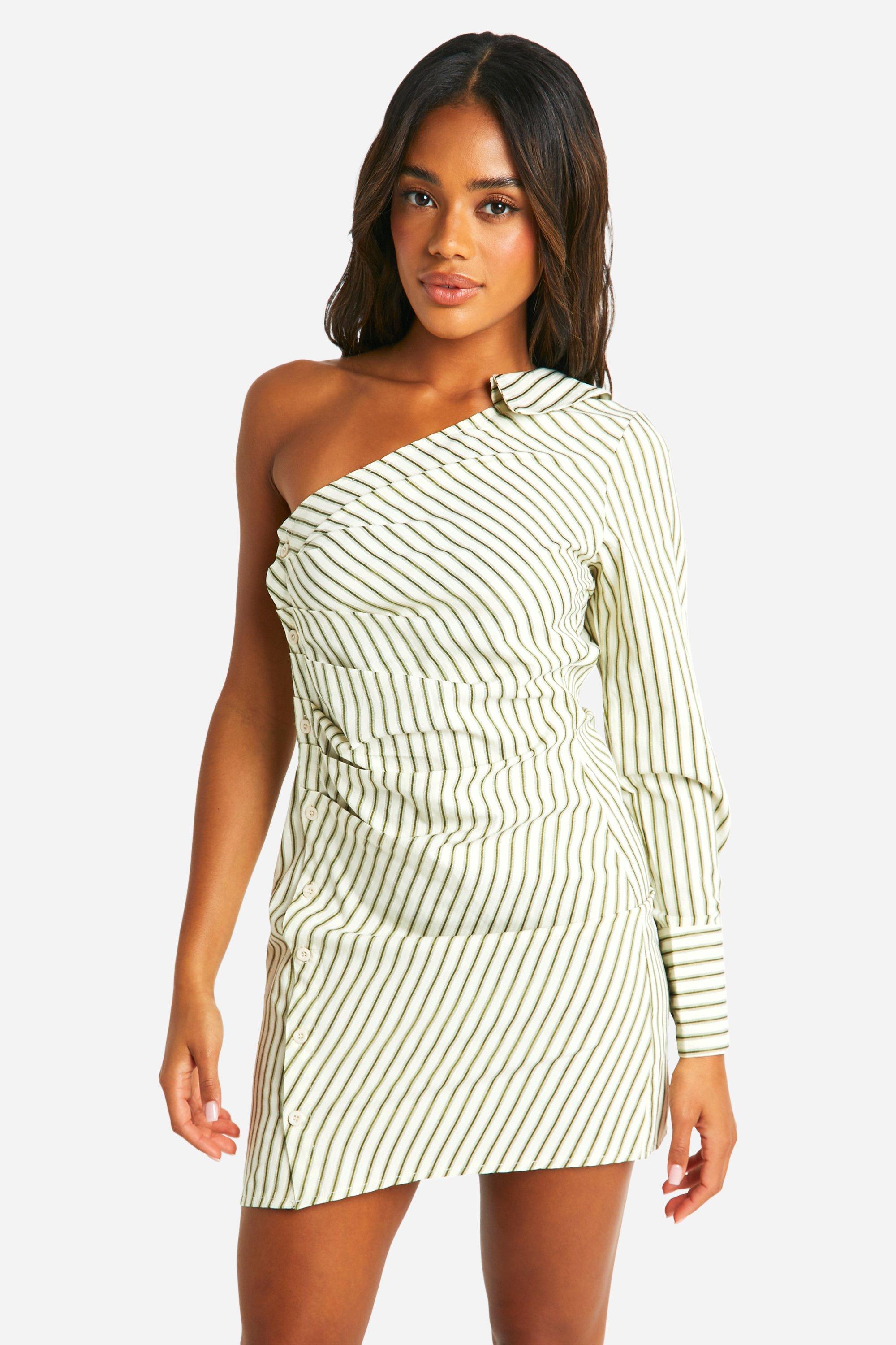 Boohoo Stripe Asymmetric Shirt Mini Dress, Green