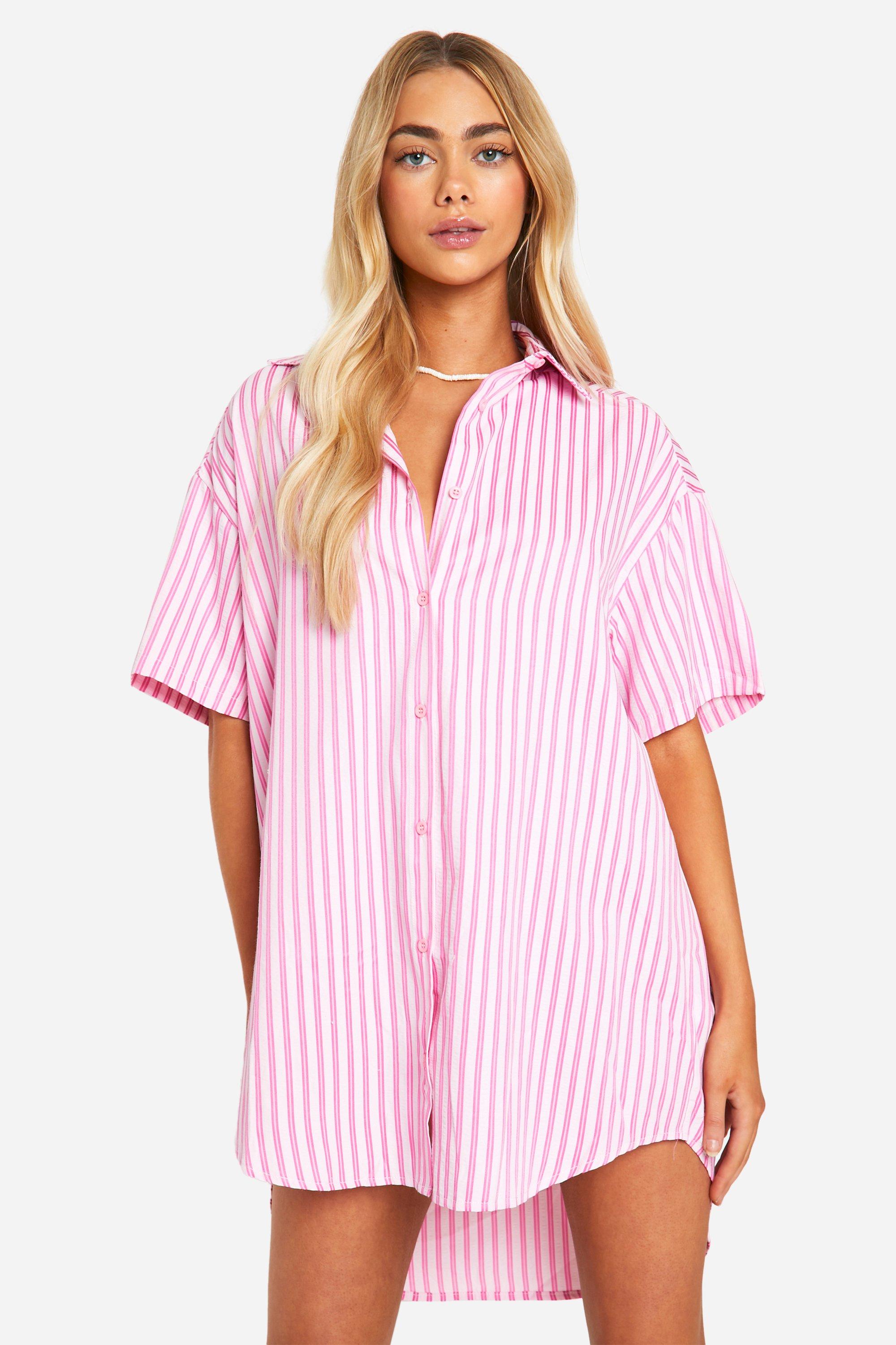 Boohoo Stripe Short Sleeve Shirt Dress, Pink