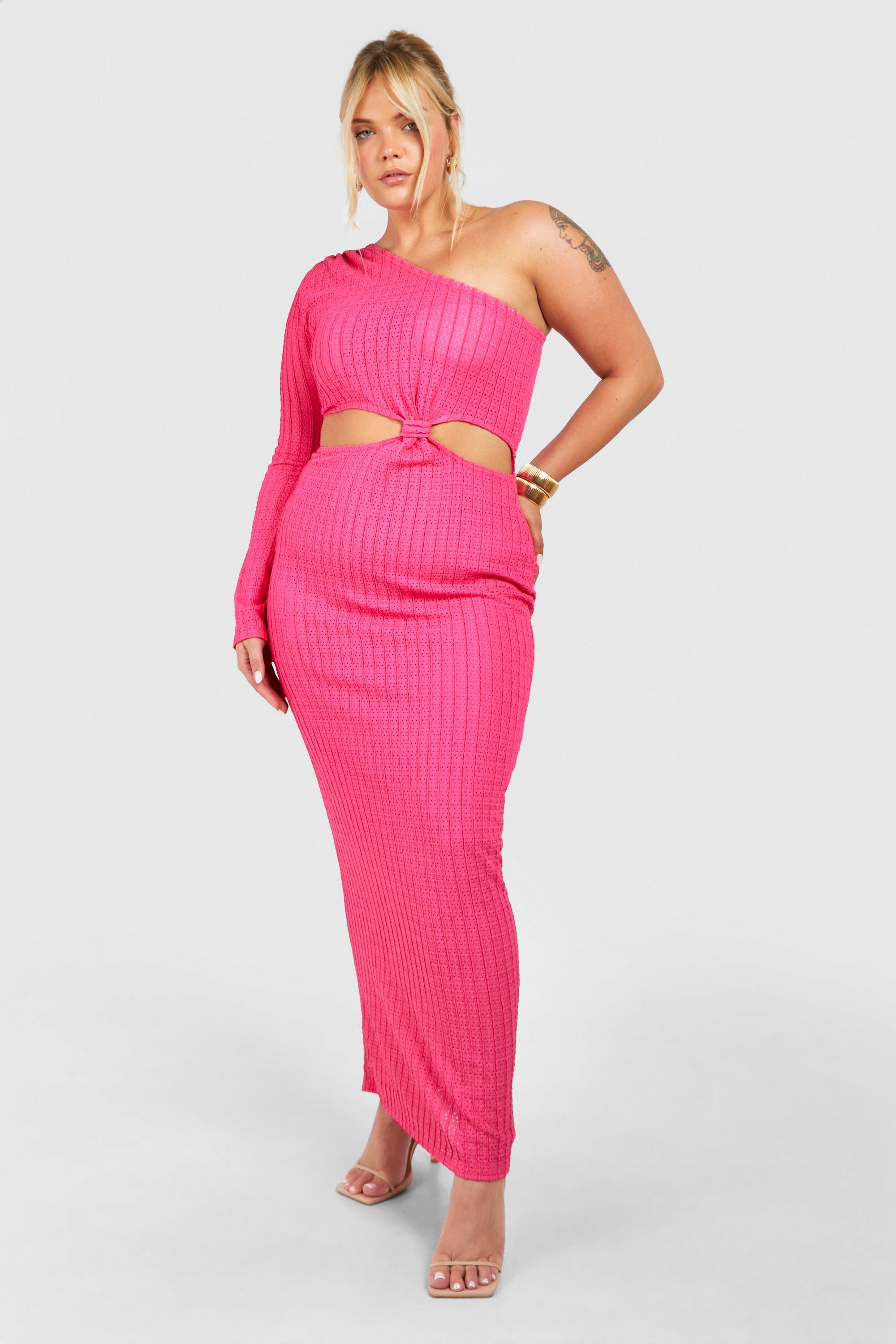 Boohoo Plus Textured Cut Out One Shoulder Maxi Dress, Hot Pink