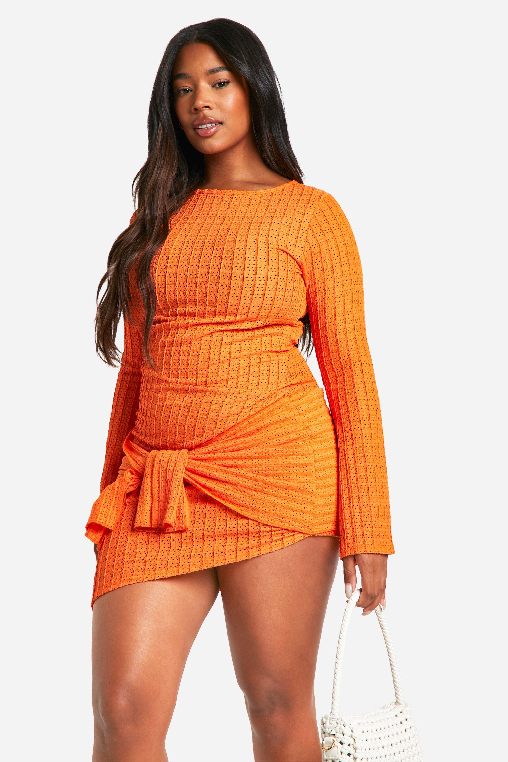Boohoo Plus Textured Drape Mini Dress, Orange