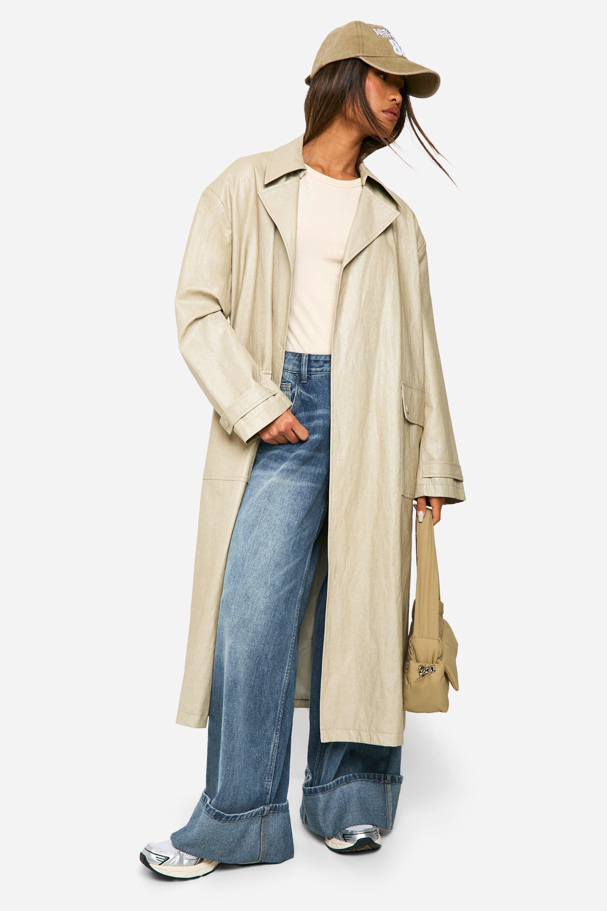 Image of Cappotto Trench in pelle sintetica effetto vintage, Beige