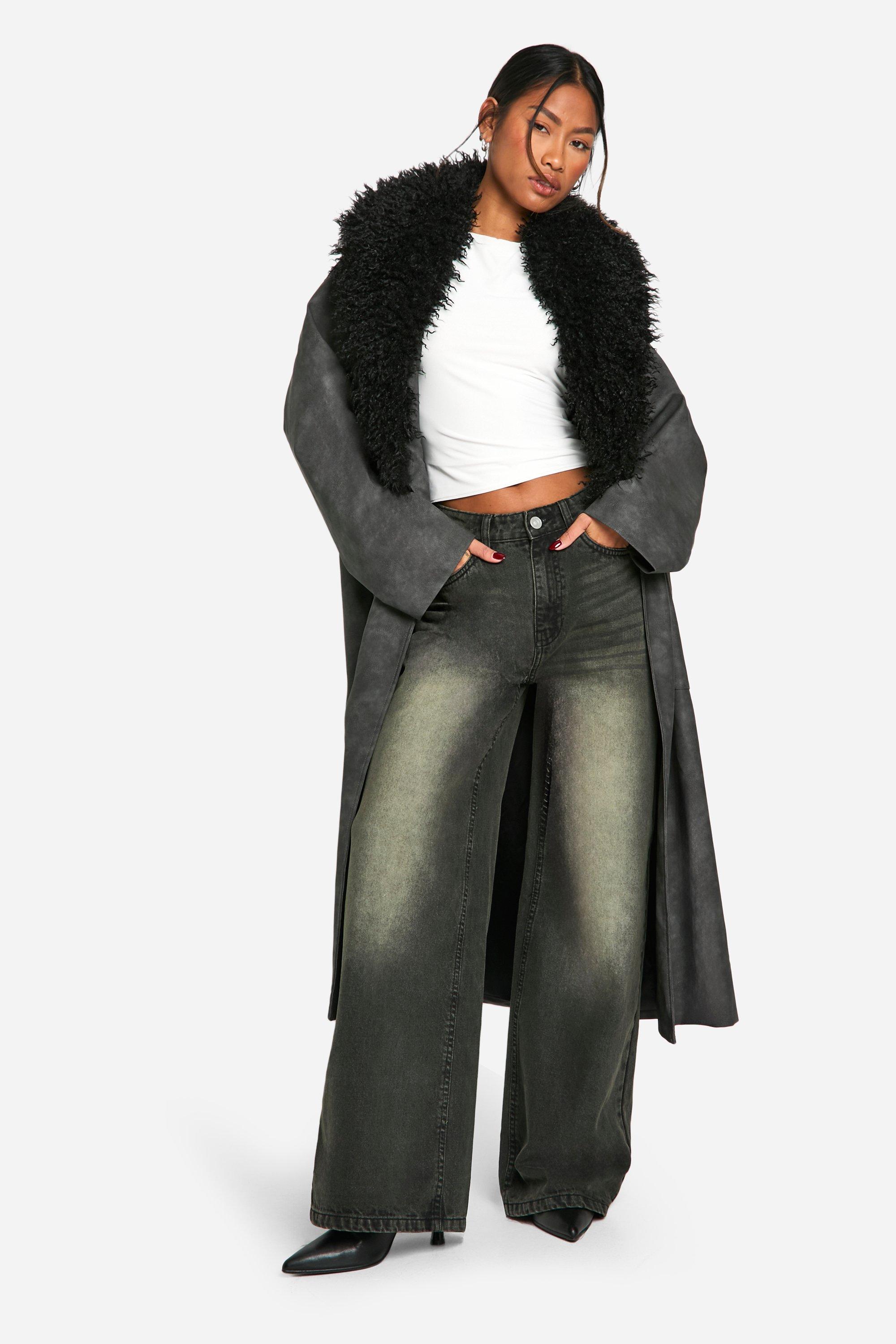 Image of Cappotto Trench in pelle sintetica effetto vintage con colletto in pelliccia sintetica, Nero