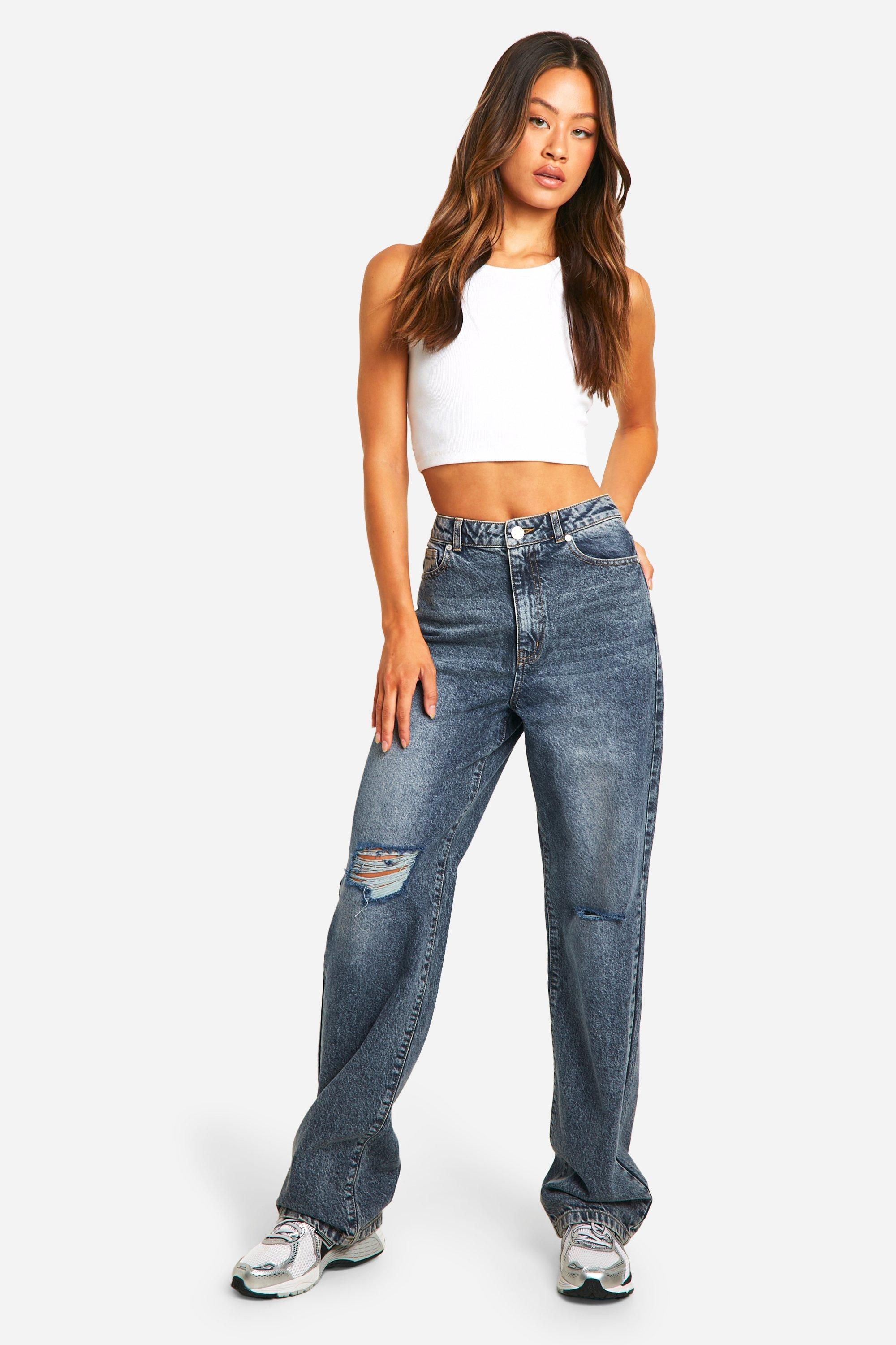 Boohoo Tall Basic Boyfriend Jeans Met Gescheurde Knieën, Vintage Blue