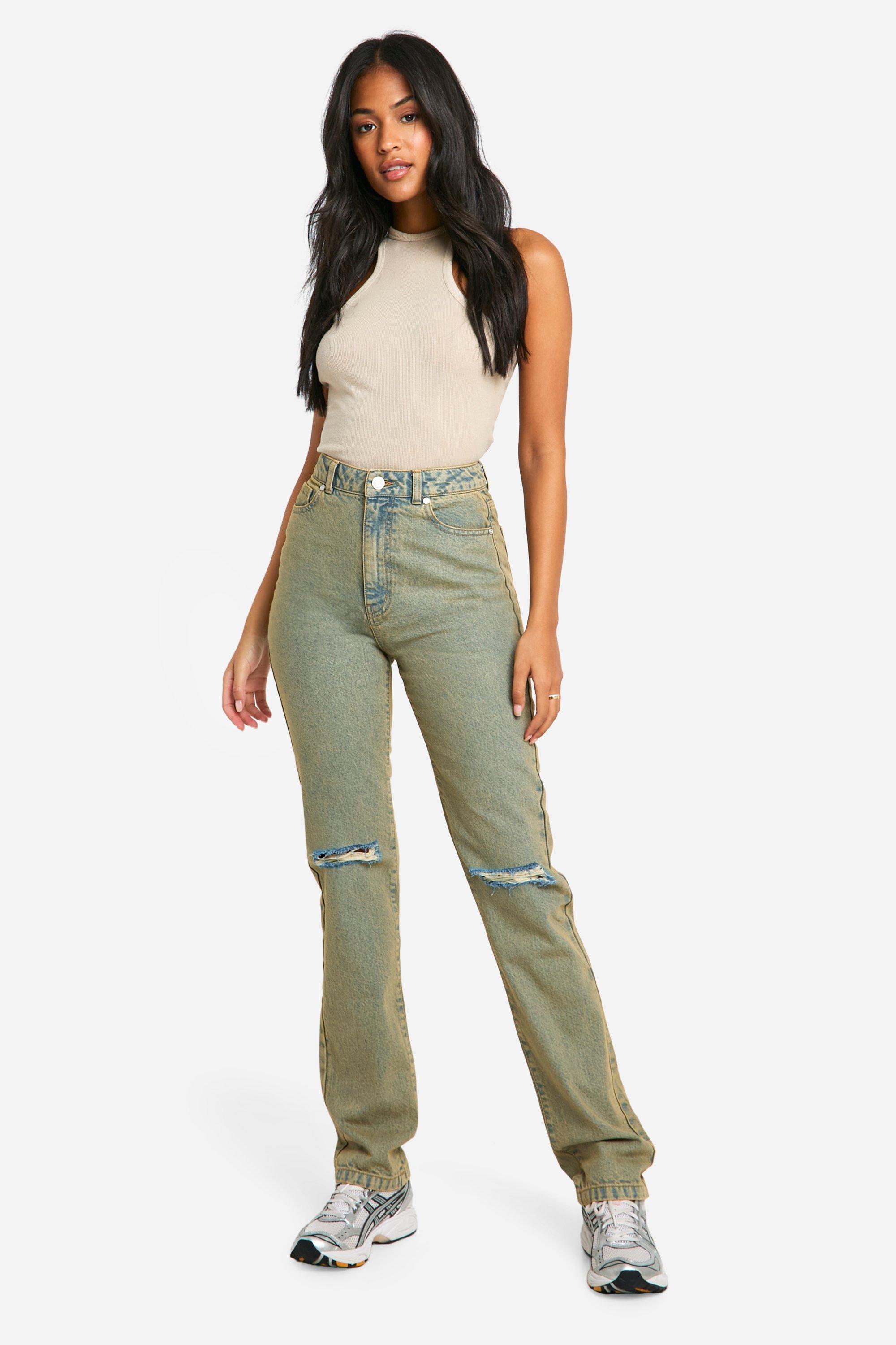 Boohoo Tall Basic Jeans Met Hoge Taille, Rechte Pijpen En Gescheurde Knieën, Light Sand