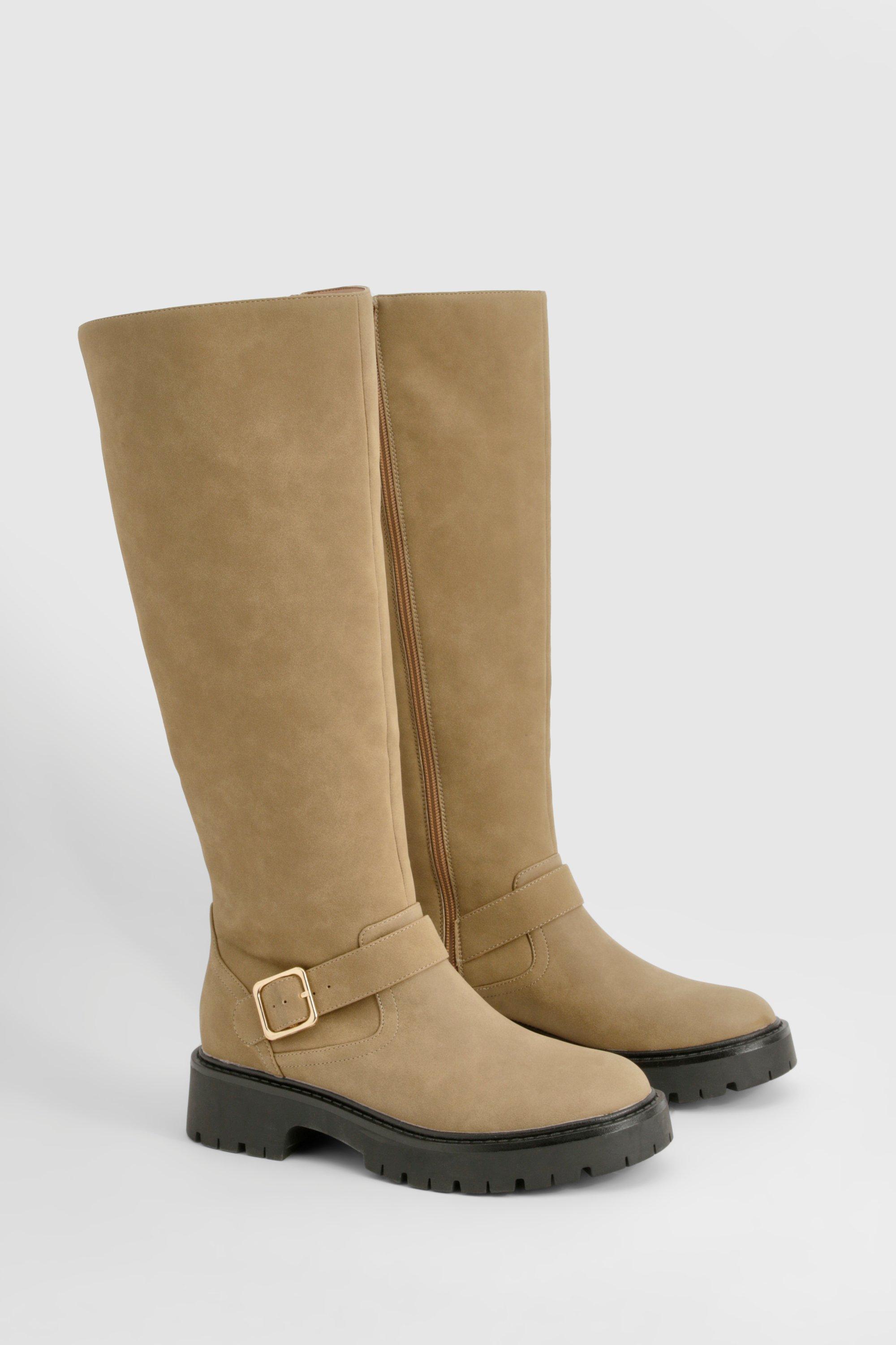 Boohoo Dikke Knielaarzen Met Gesp Detail, Taupe