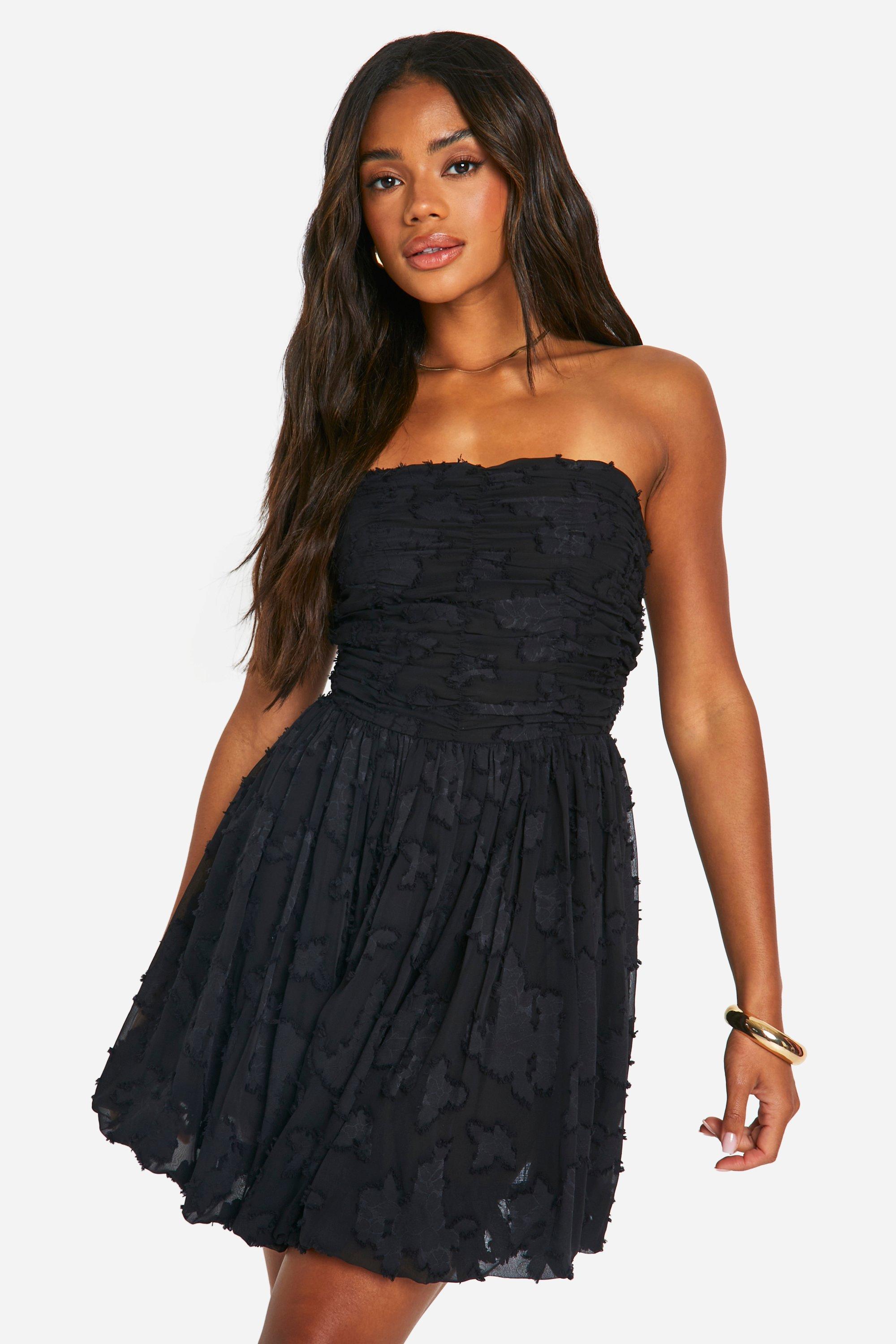 Womens Burnout Floral Bandeau Ruched Mini Dress - Black - 10, Black