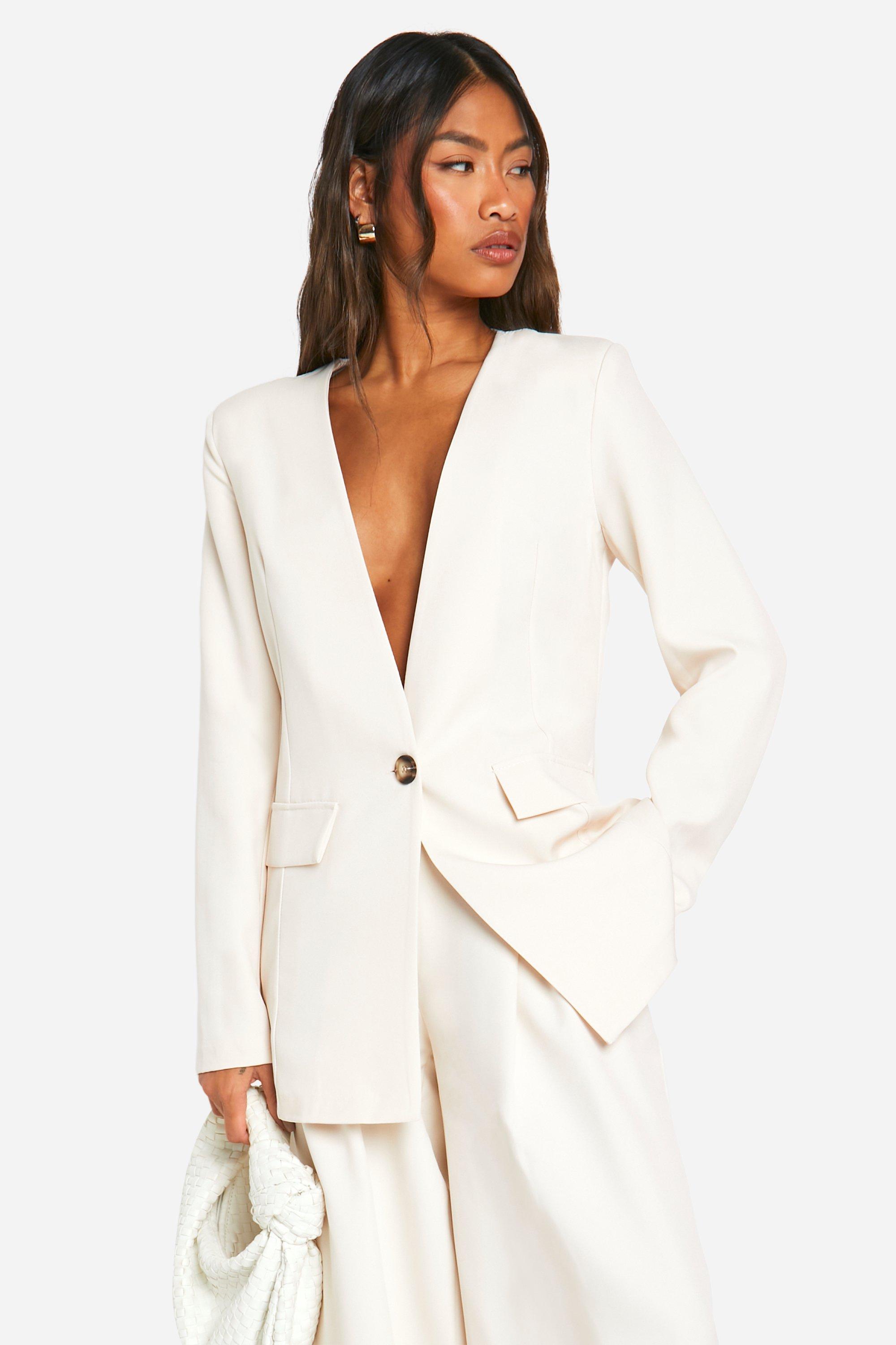 Boohoo Getailleerde Kraagloze Blazer Met Laag Decolleté, Ecru