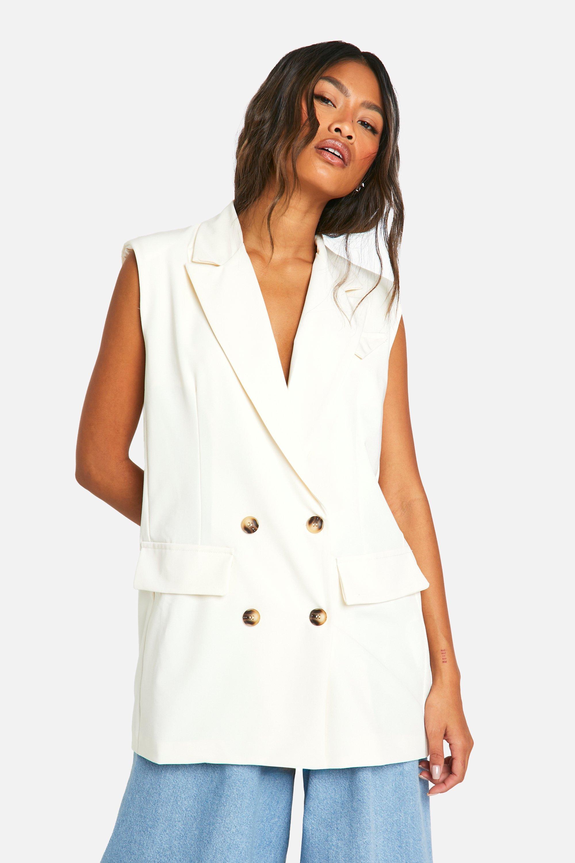 Boohoo Long Line Mouwloze Blazer Met Nephoornen Knopen En Dubbele Knopen, Ecru