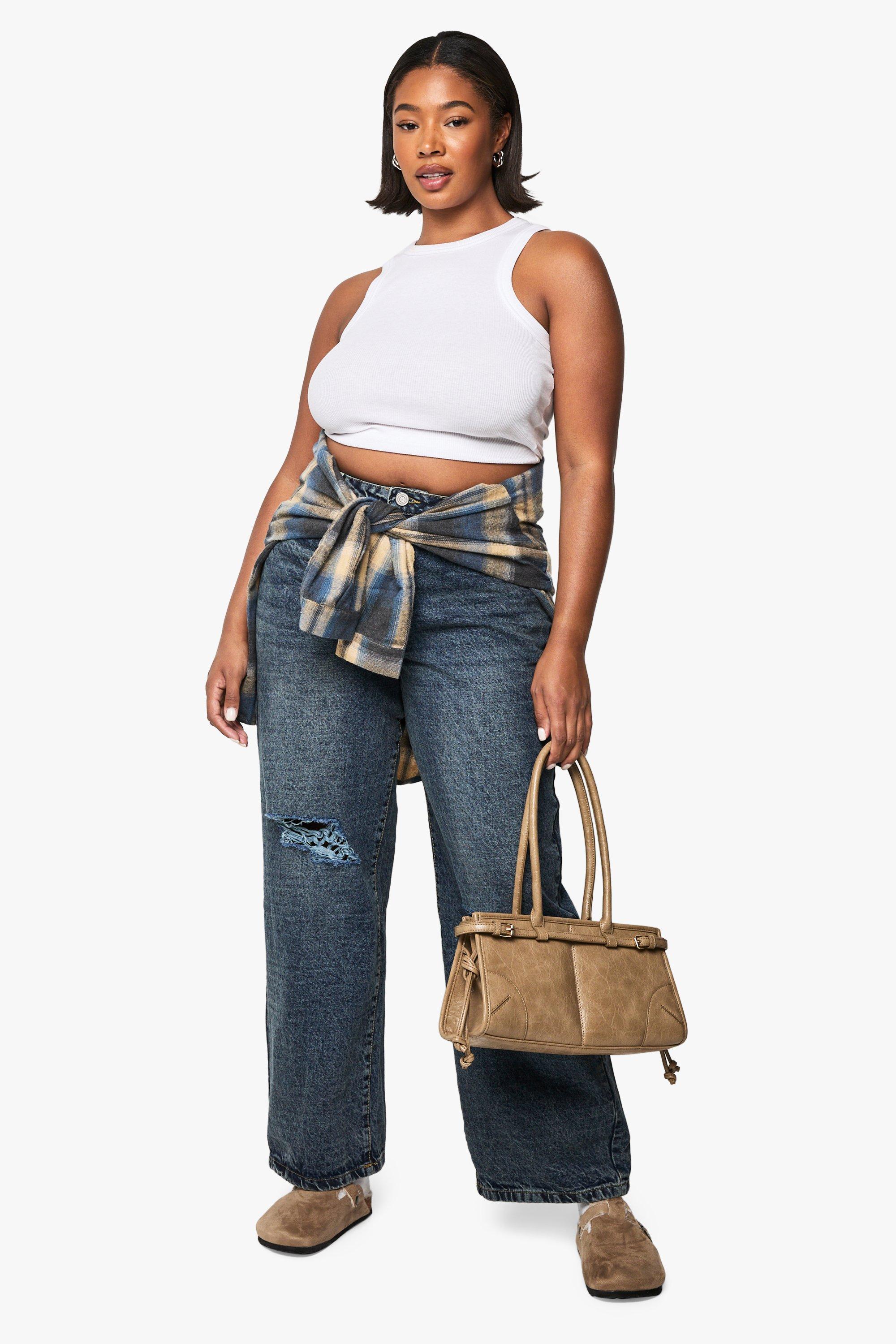 Image of Jeans Plus Size Basics in taglio maschile con strappi sul ginocchio, Azzurro