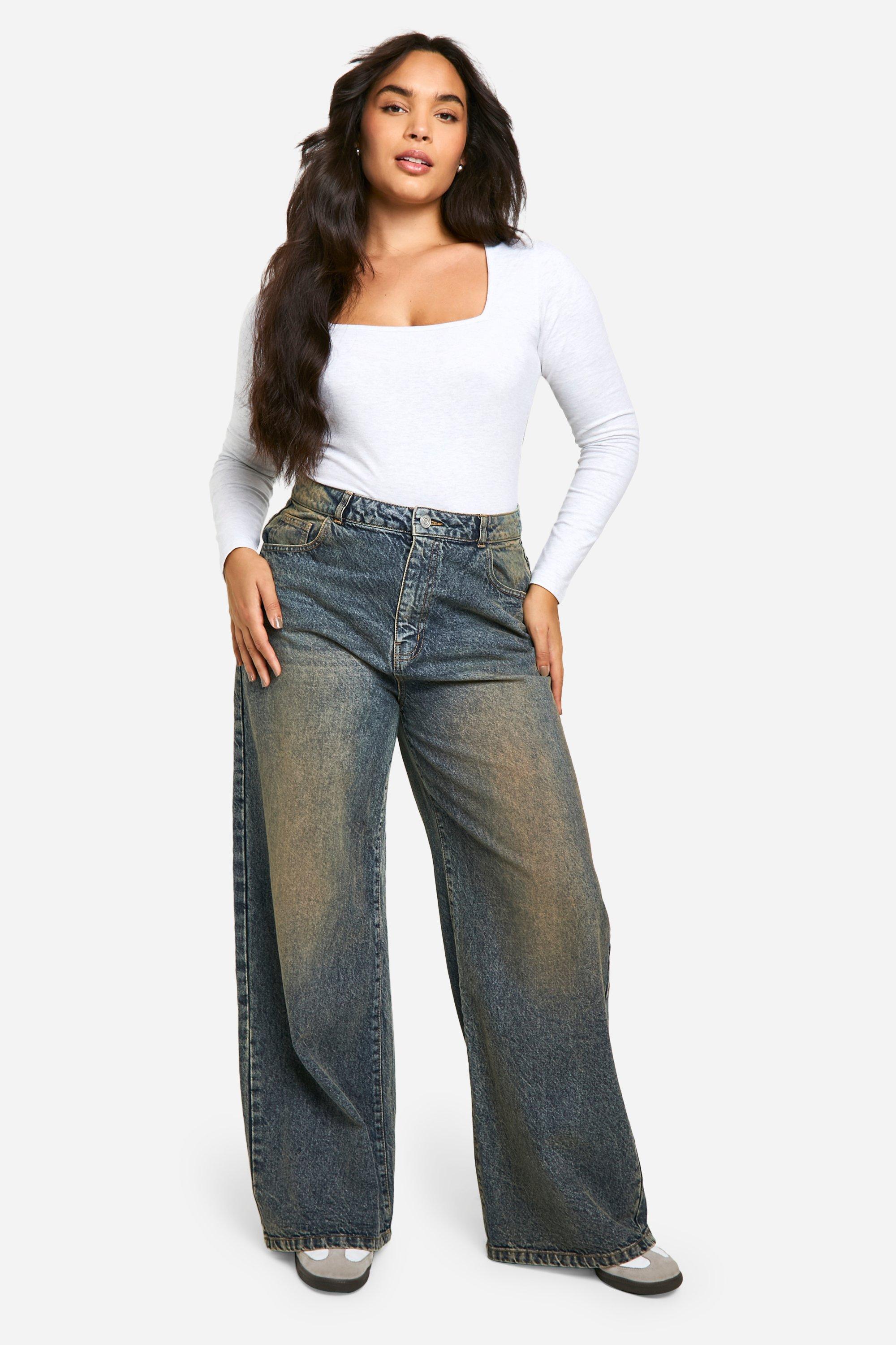 Boohoo Plus Basic High Waist Super Wide Leg Jeans, Dark Sand