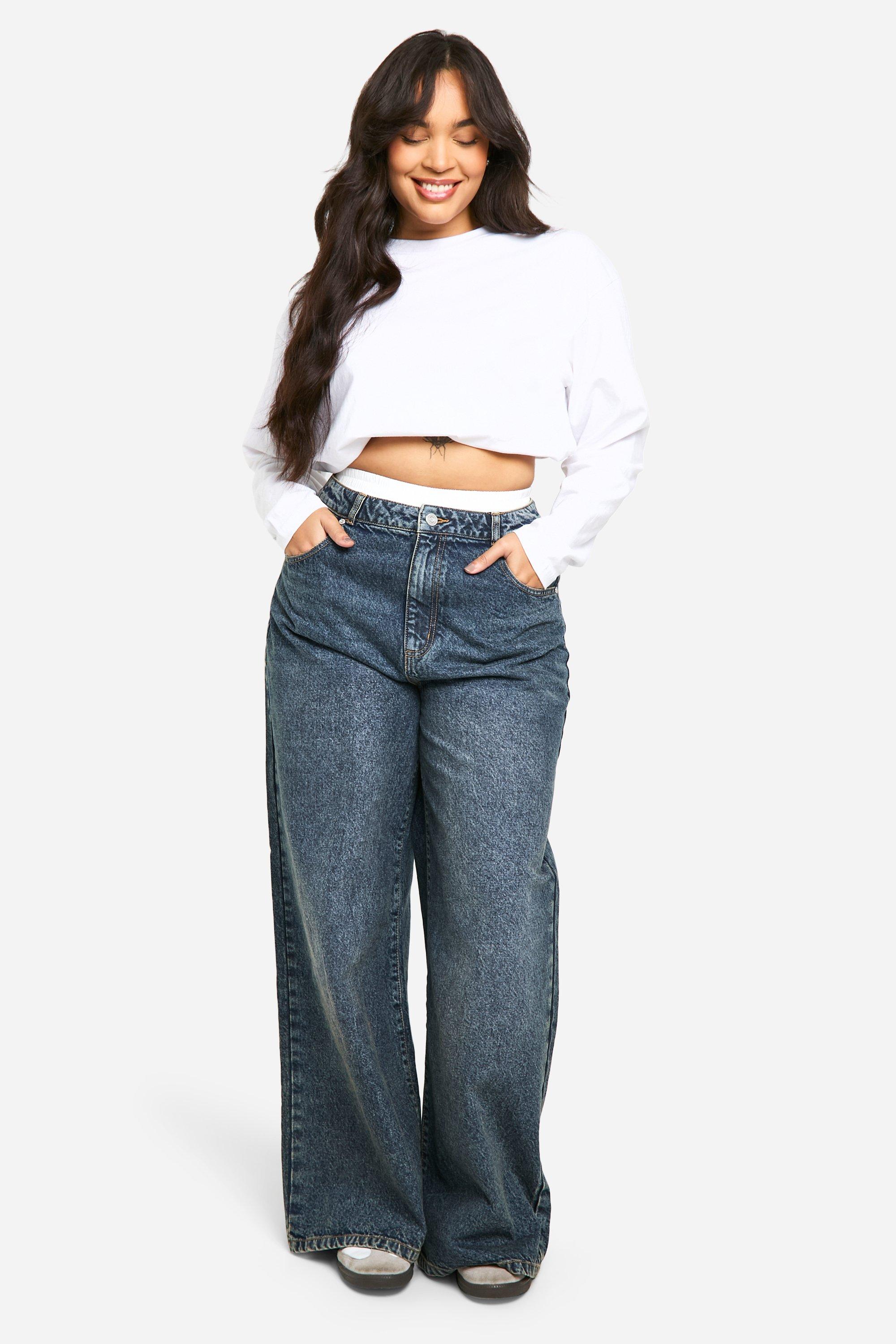 Boohoo Plus Basic High Waist Super Wide Leg Jeans, Vintage Blue