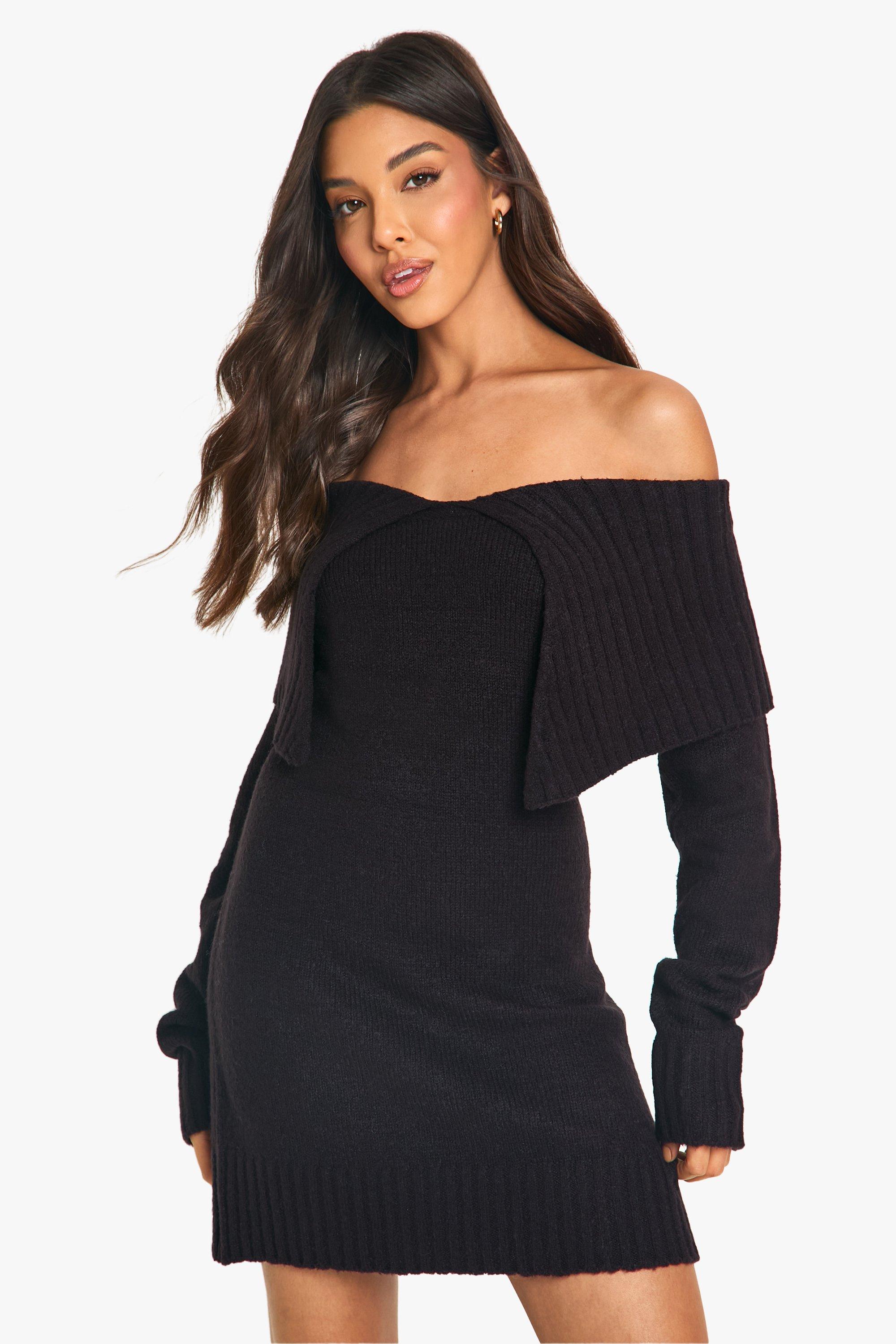 Boohoo Zachte Gebreide Off Shoulder Trui Jurk Met Grote Kraag, Black