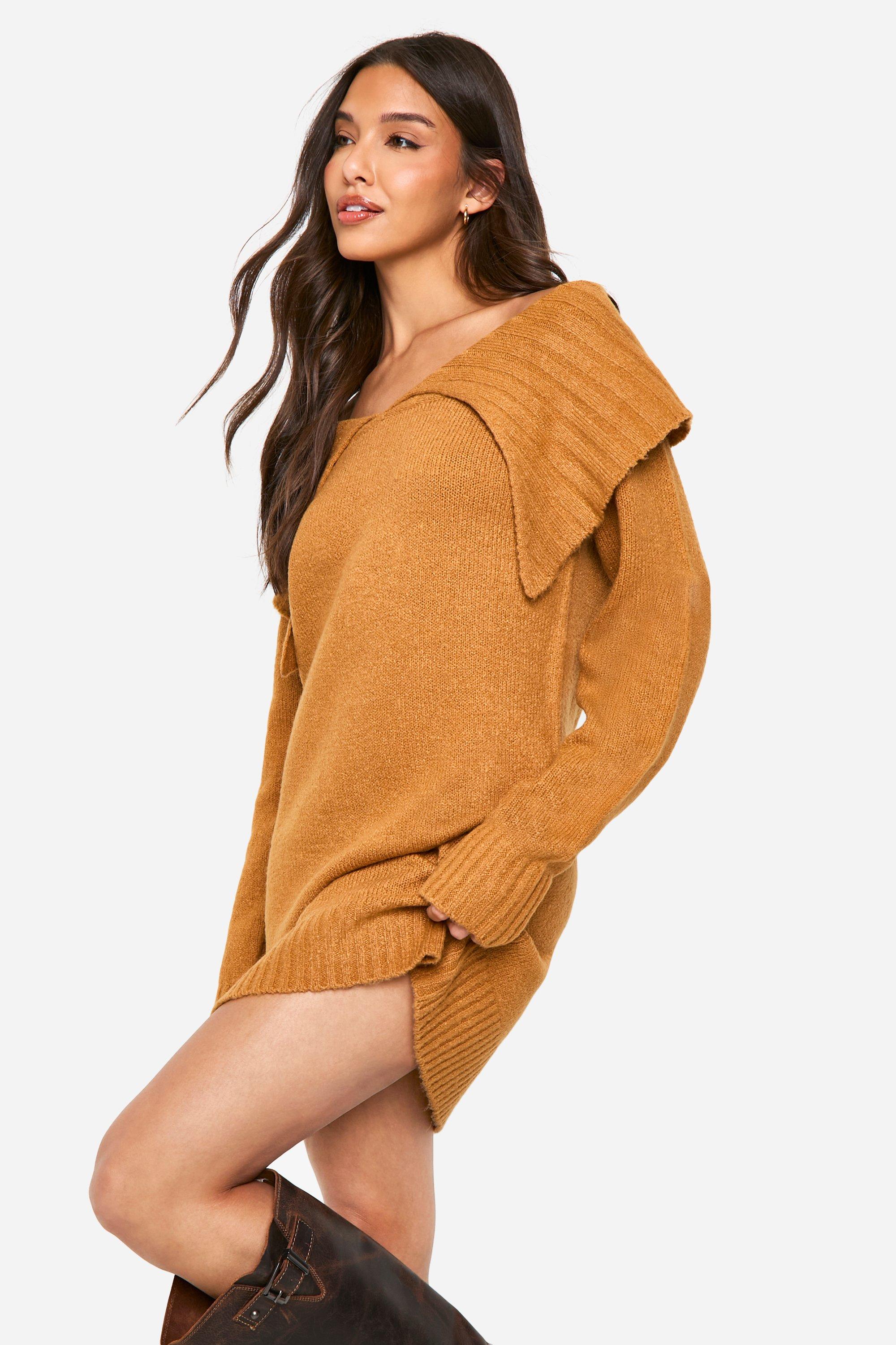 Boohoo Zachte Gebreide Off Shoulder Trui Jurk Met Grote Kraag, Camel