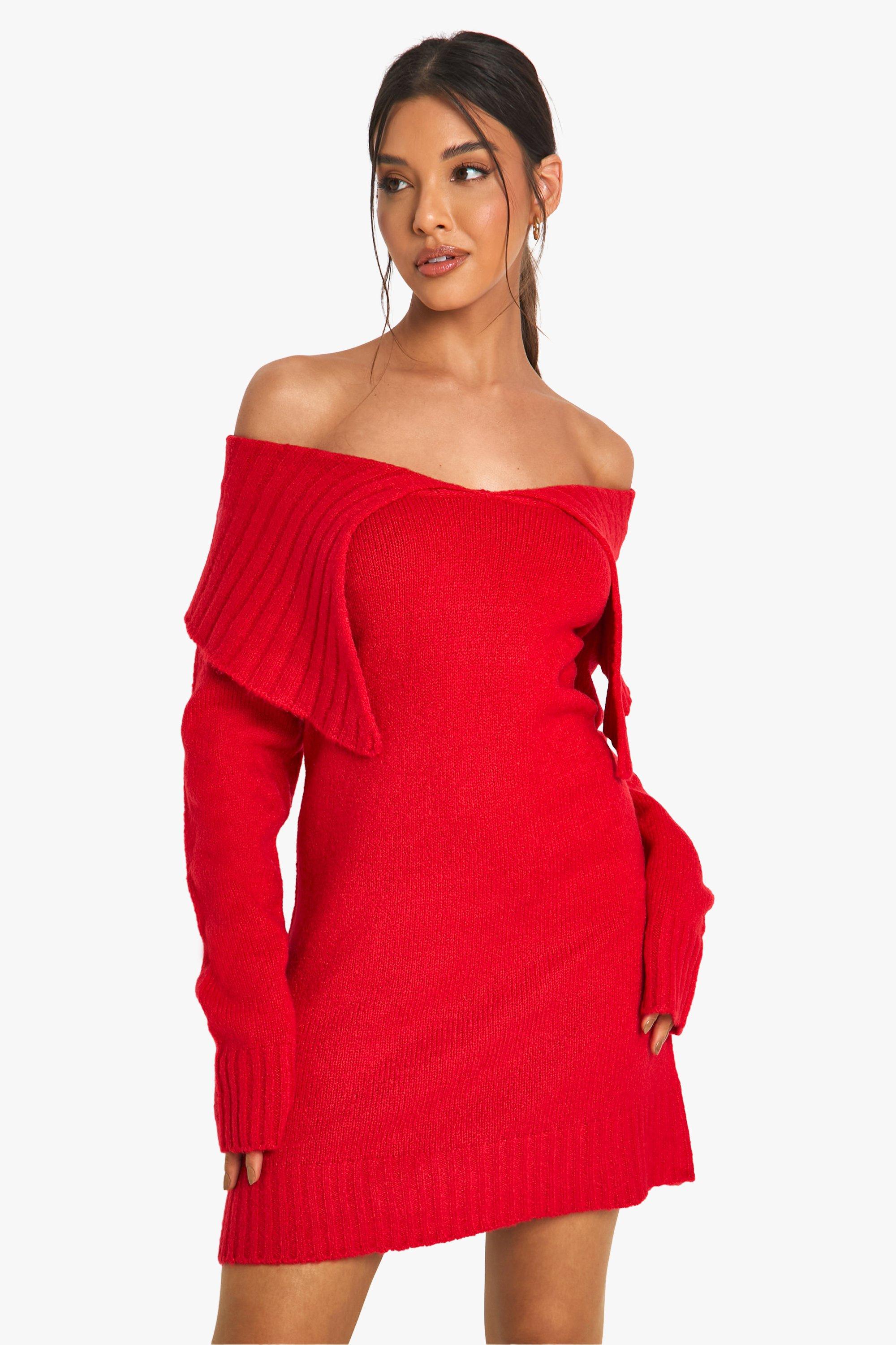 Boohoo Zachte Gebreide Off Shoulder Trui Jurk Met Grote Kraag, Red