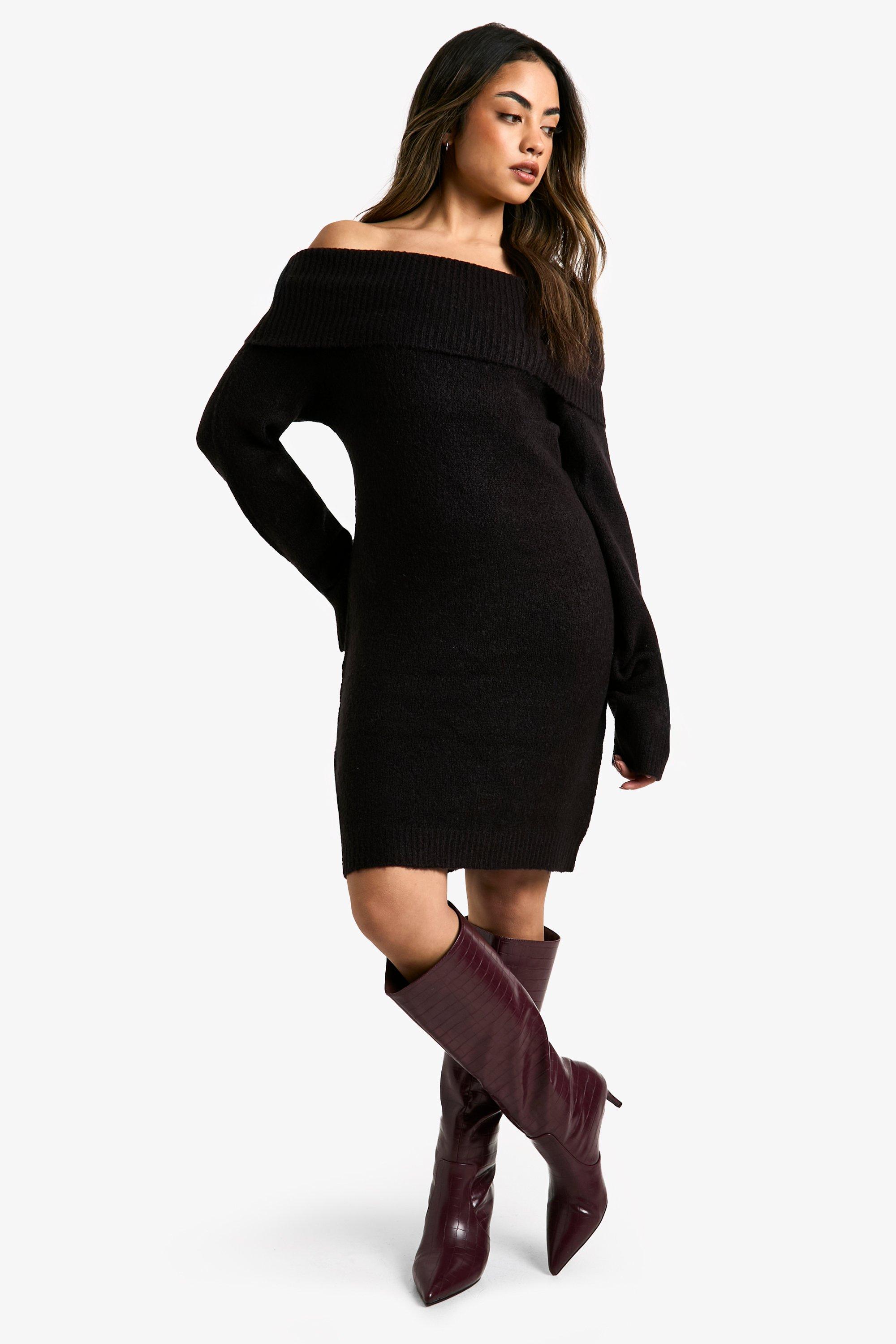 Image of Miniabito in maglia a coste con scollo Bardot, Nero