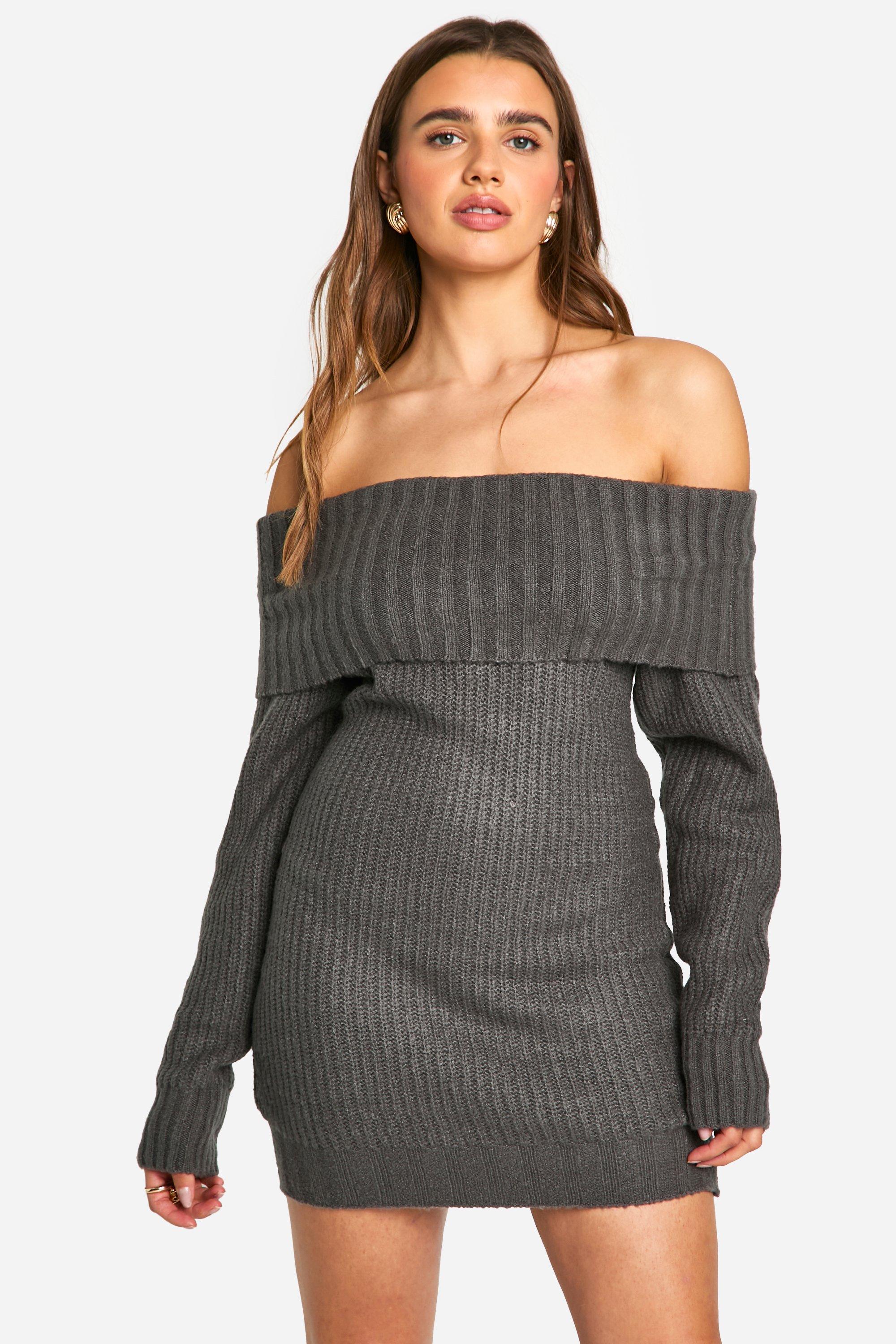 Boohoo Geribbelde Mini Trui Jurk Met Uitgesneden Hals, Charcoal