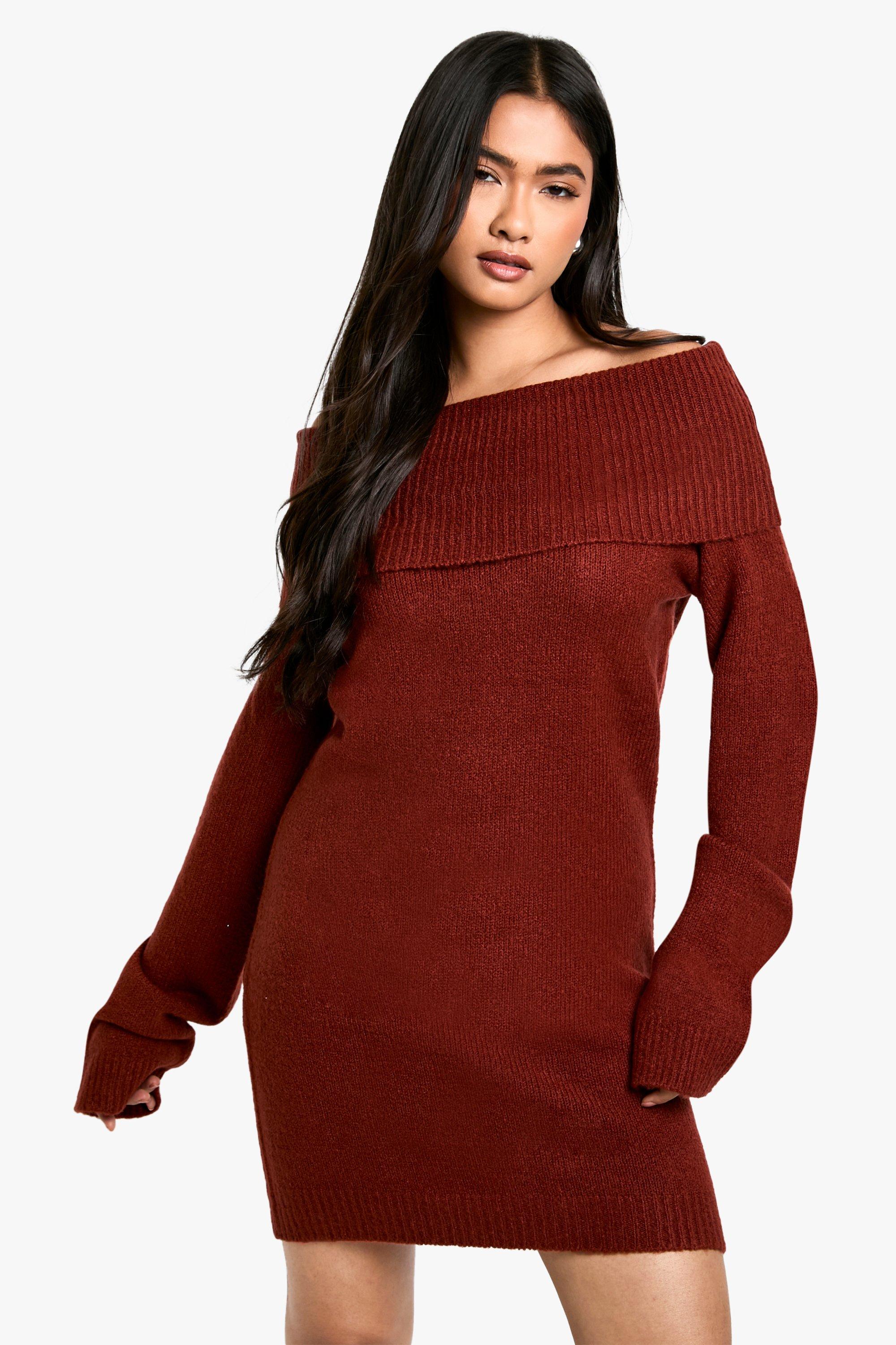 Boohoo Geribbelde Mini Trui Jurk Met Uitgesneden Hals, Chocolate