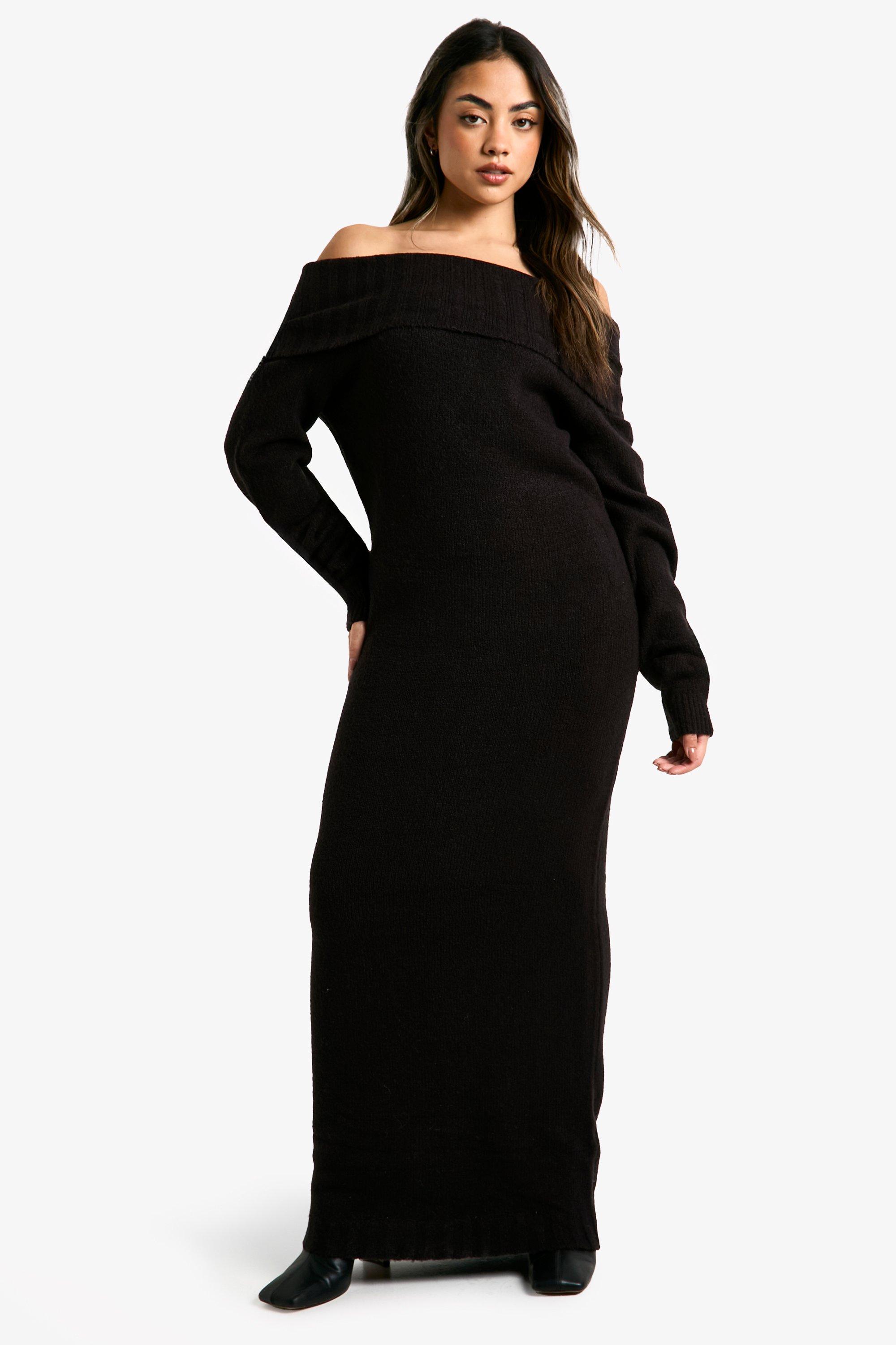 Boohoo Premium Oversized Maxi Trui Jurk Met Uitgesneden Hals, Black