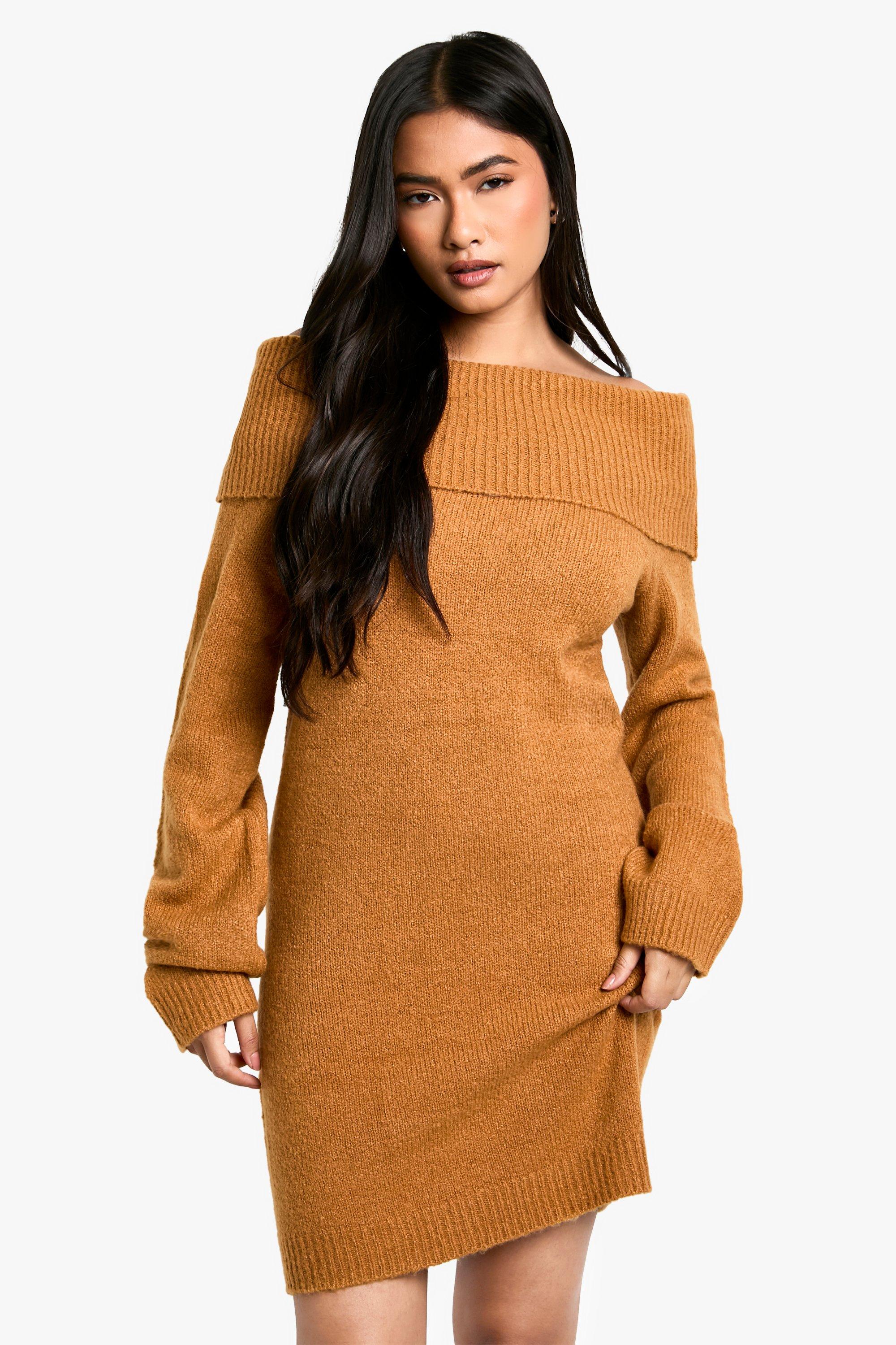 Boohoo Geribbelde Mini Trui Jurk Met Uitgesneden Hals, Camel