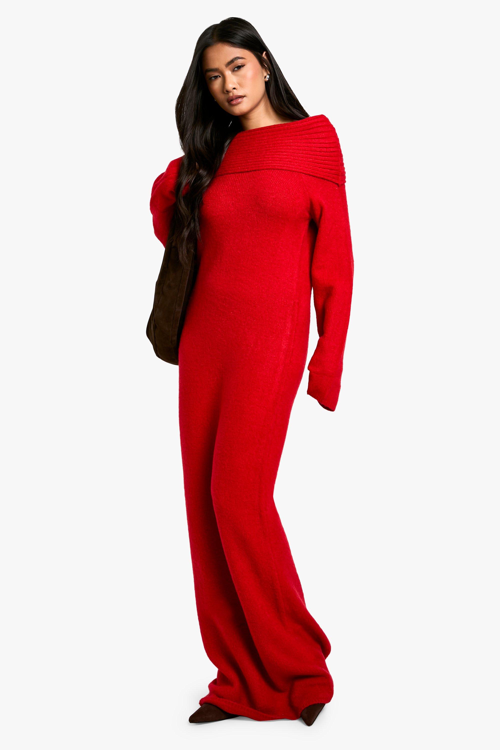 Boohoo Oversized Geribbelde Zachte Gebreide Trui Jurk Met Uitgesneden Hals, Red