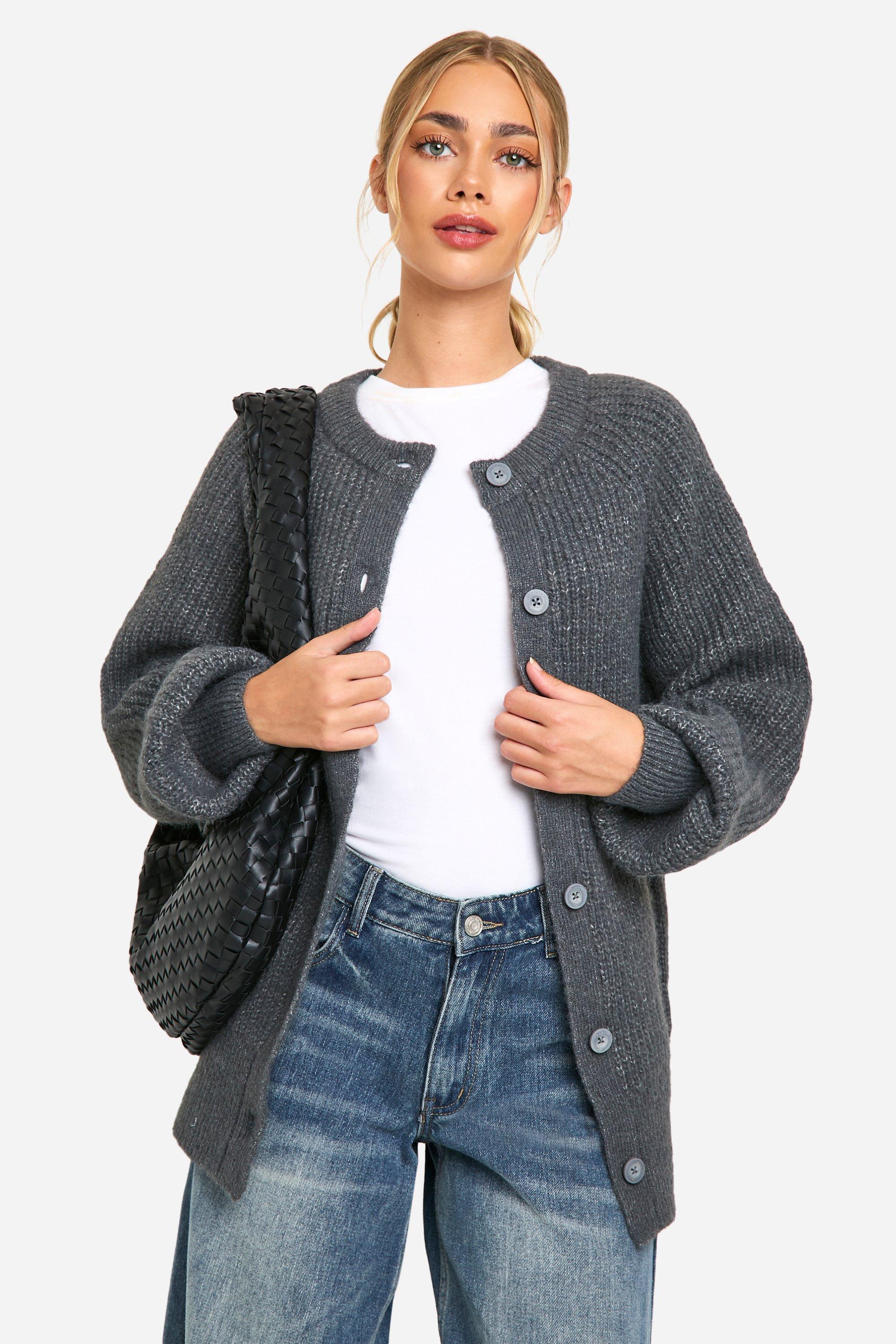 Boohoo Oversized Gebreide Boxy Cardigan Met Knopen, Charcoal