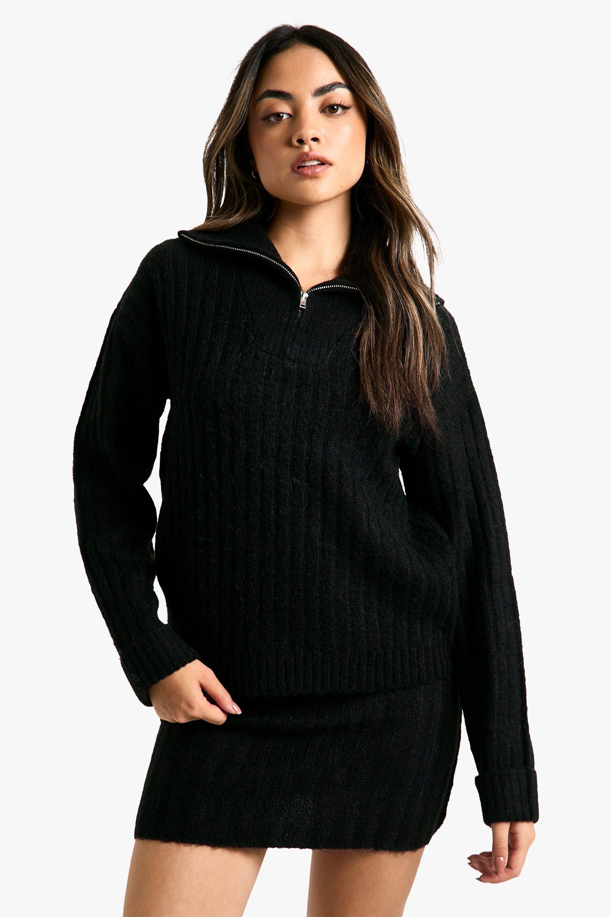 Boohoo Zachte Gebreide Dik Geribbelde Oversized Trui Met Hals Rits En Mini Rokje Set, Black