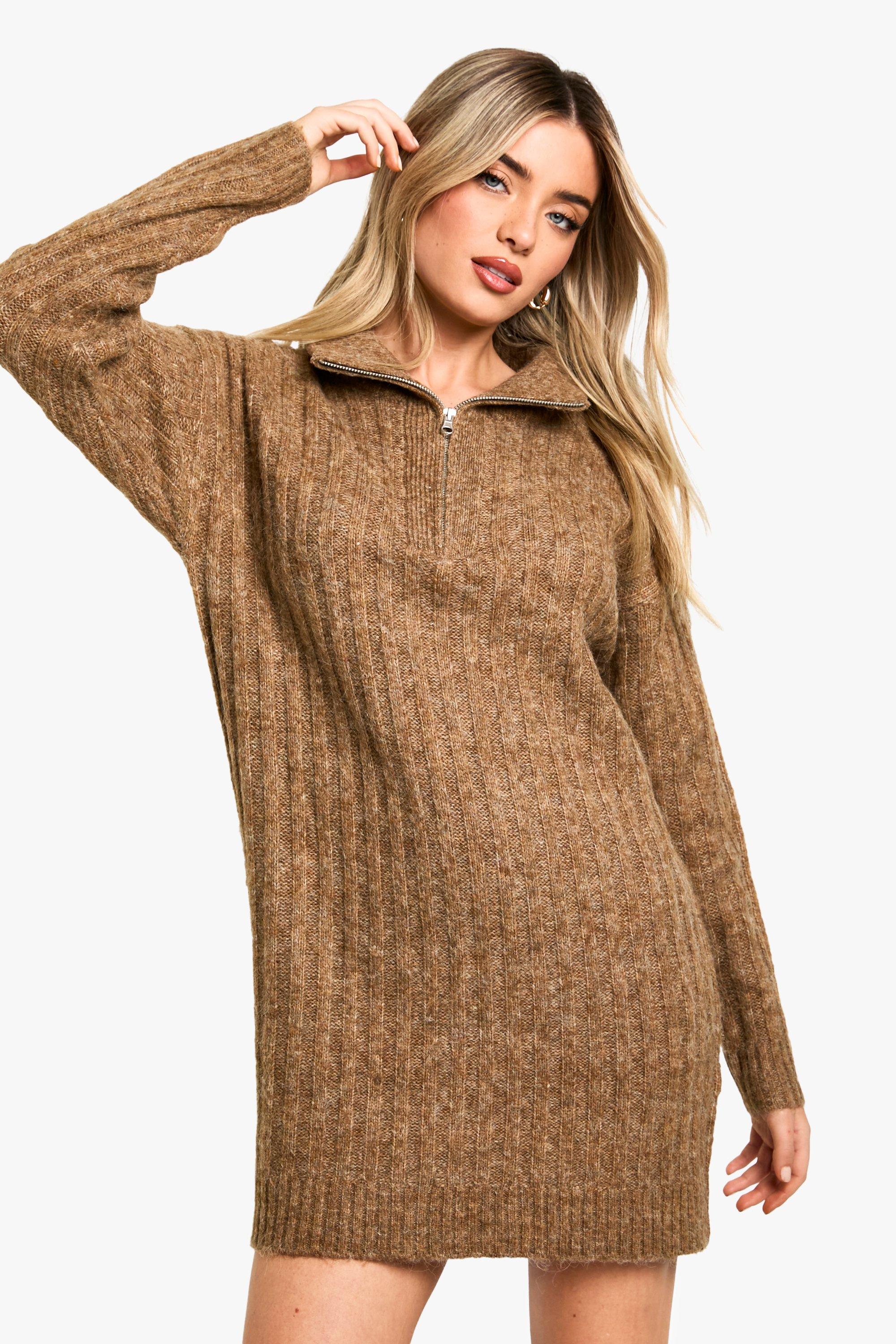 Boohoo Zachte Gebreide Dik Geribbelde Oversized Mini Jurk Met Hals Rits, Camel