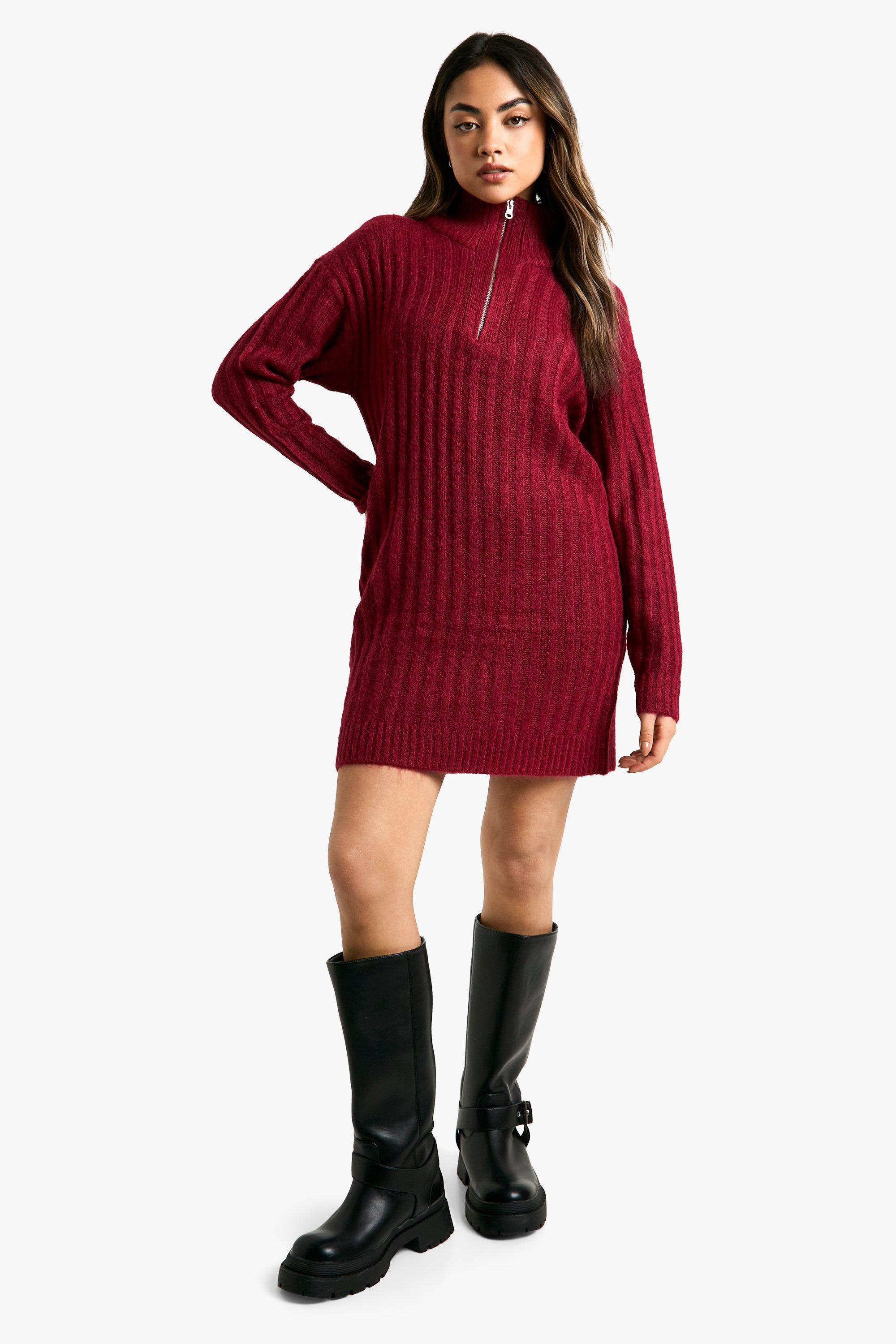 Boohoo Zachte Gebreide Dik Geribbelde Oversized Mini Jurk Met Hals Rits, Berry