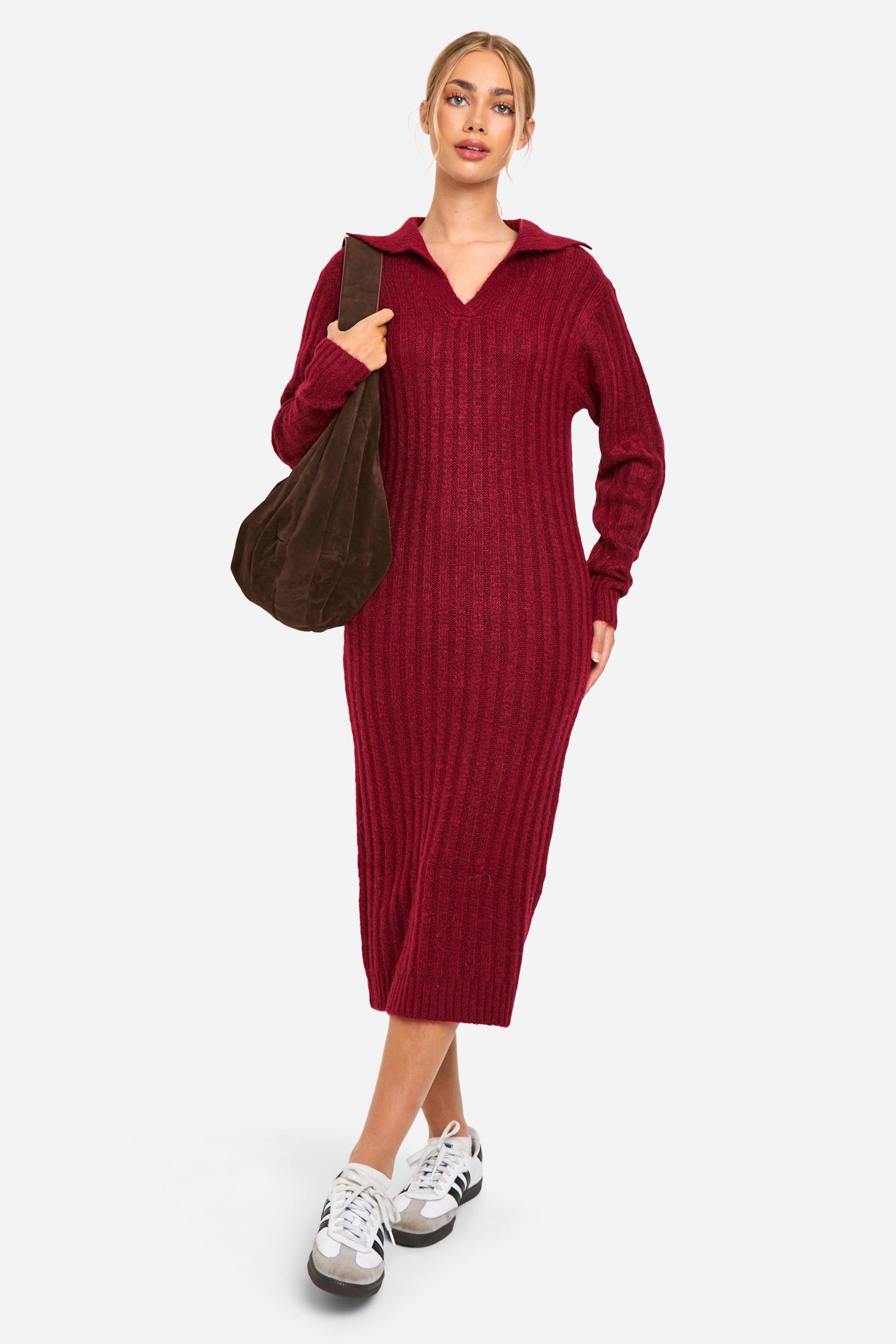 Image of Vestito maxi in maglia morbida a coste spesse con colletto, Rosso
