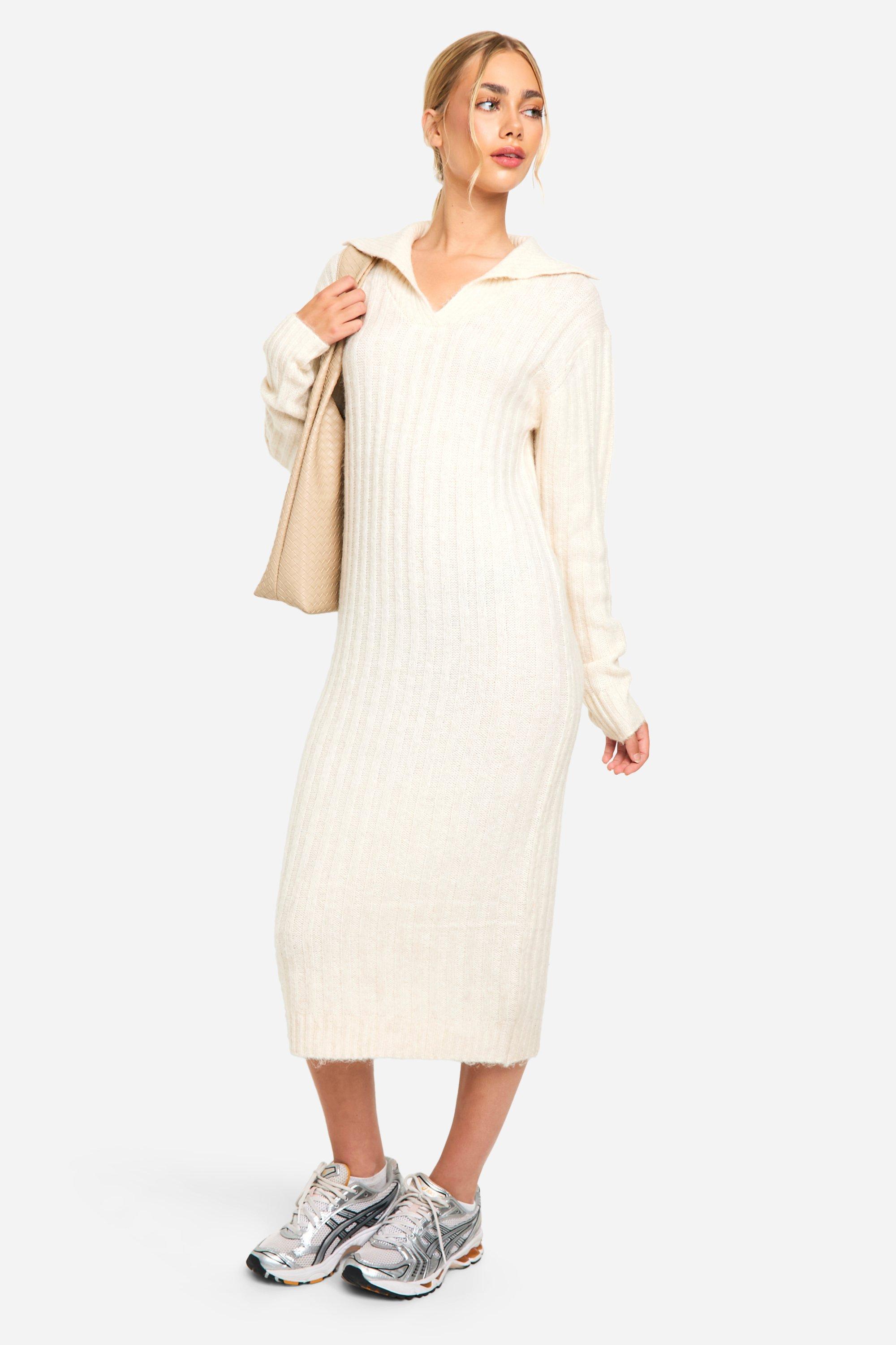 Image of Vestito maxi in maglia morbida a coste spesse con colletto, Cream